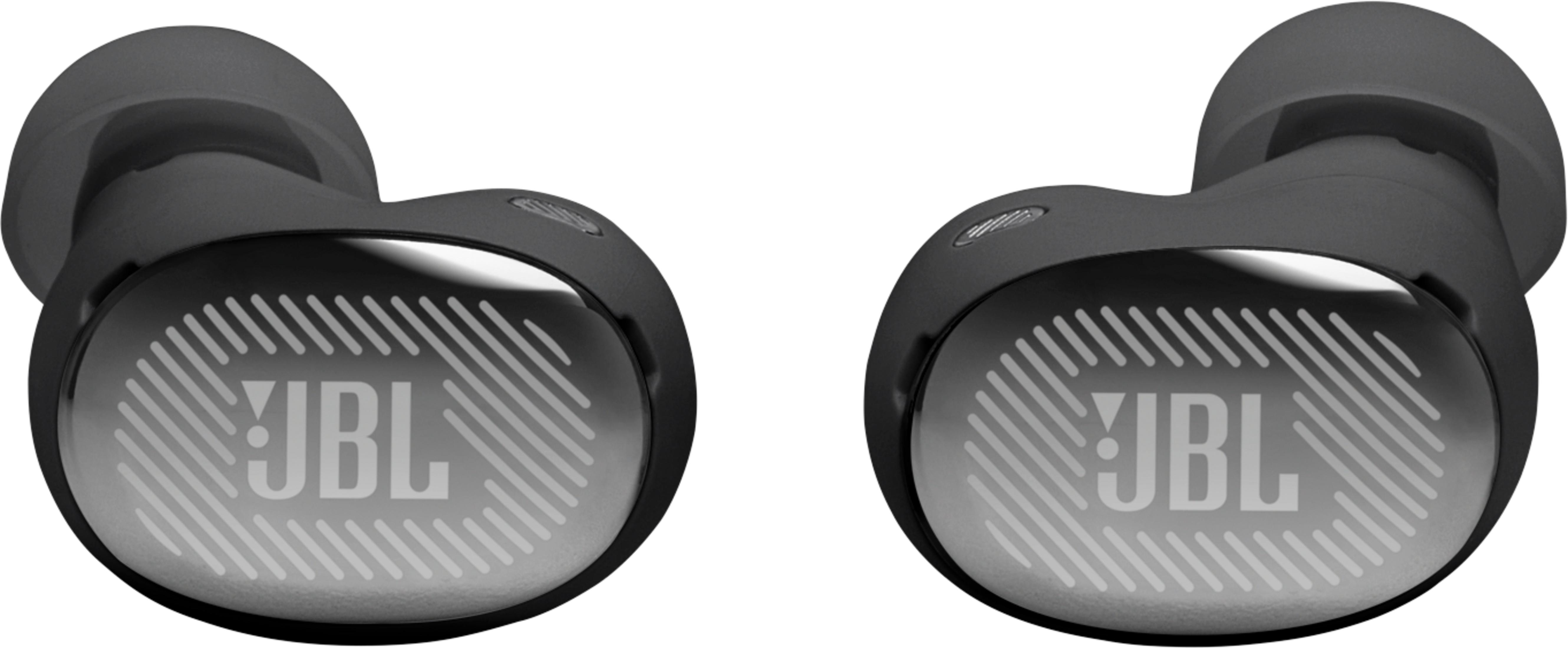 Due auricolari JBL neri con superficie riflettente e logo JBL.