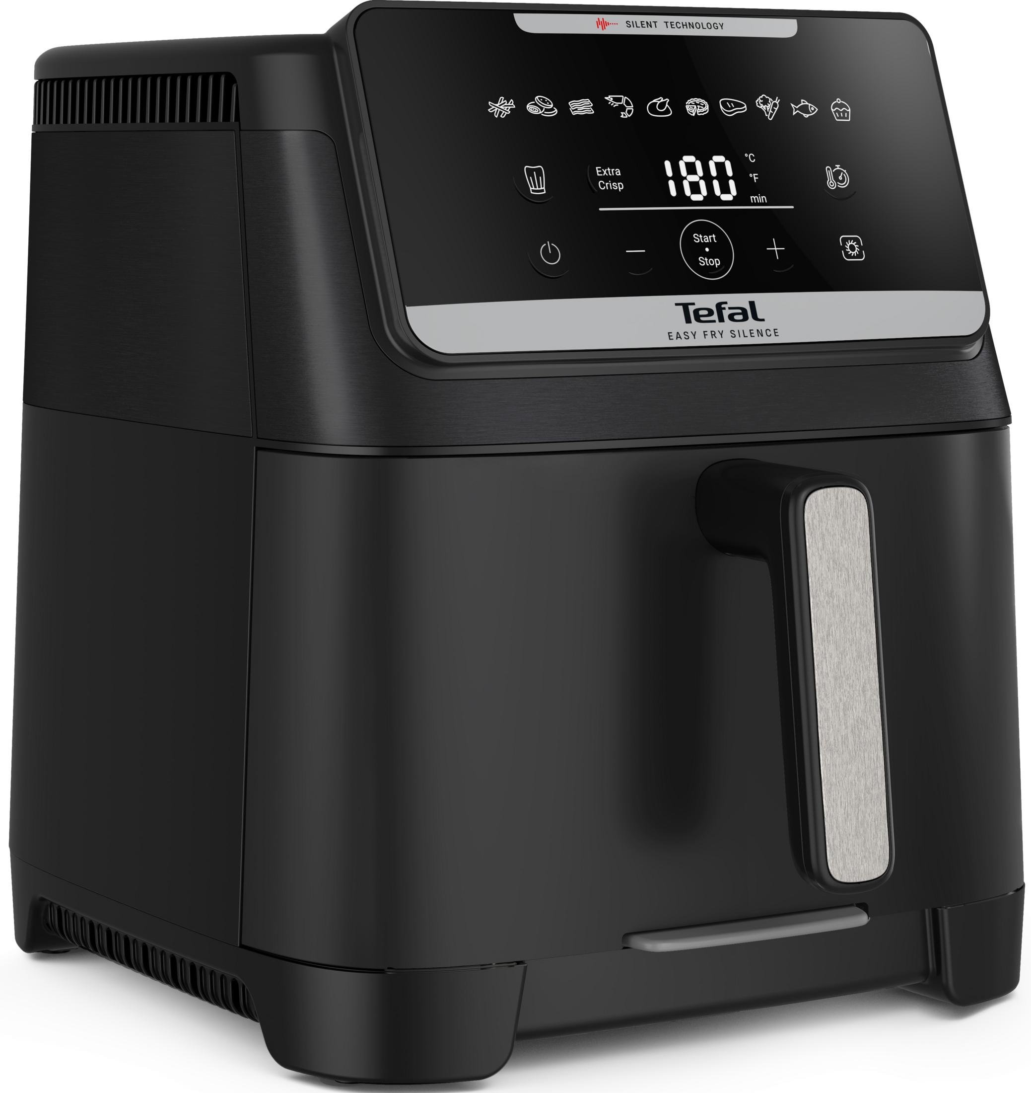 Friggitrice ad aria Tefal nera con display digitale a 180°C.