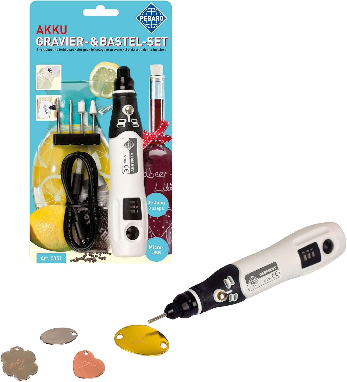 Gravier- und Bastelset mit Werkzeug, Anhängern und Zubehör. Weißer Gravierstift mit Zubehör.