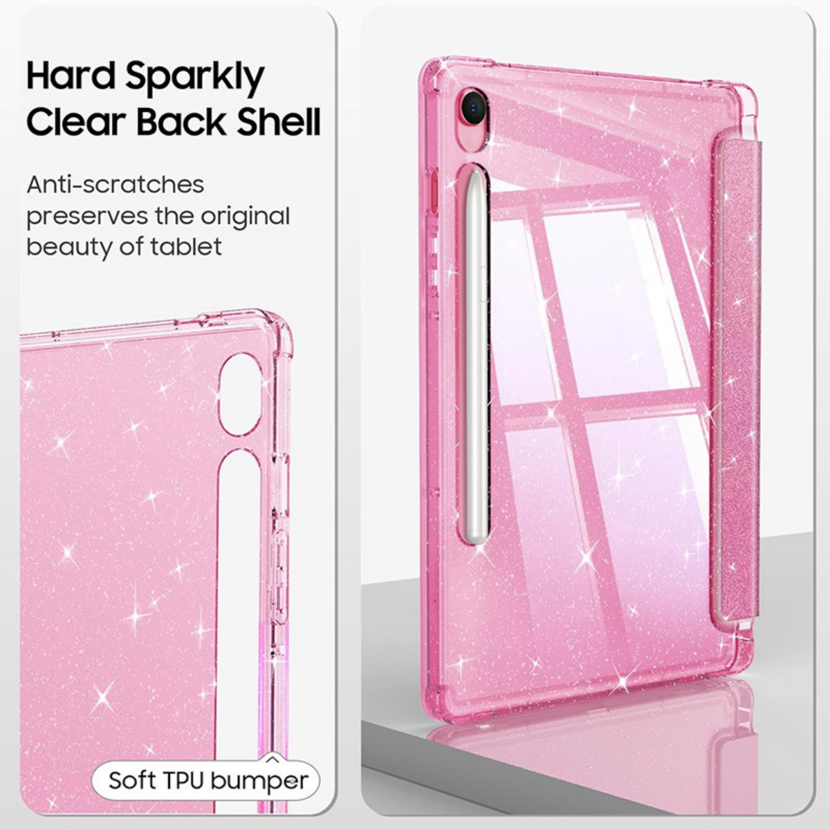 Ein glitzerndes, durchsichtiges rosa Tablet-Case mit Stifthalter und weichem Stoßfänger.