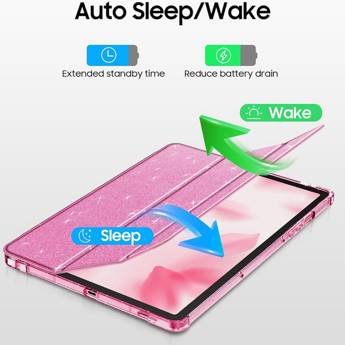 Ein rosafarbener Tablet-Ständer mit Auto Sleep/Wake-Funktion