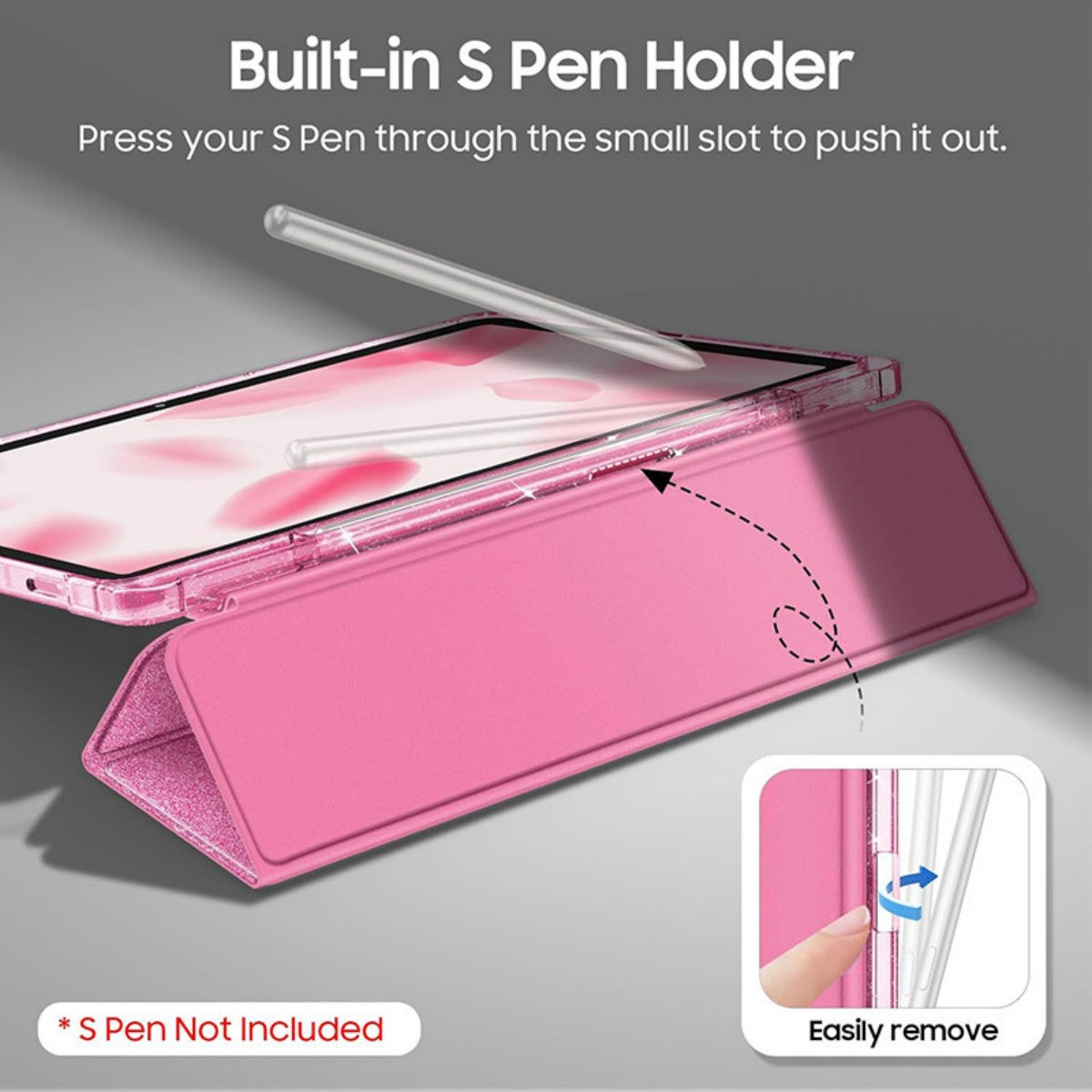 Pink Hülle mit integriertem S Pen Halter und Handy.
