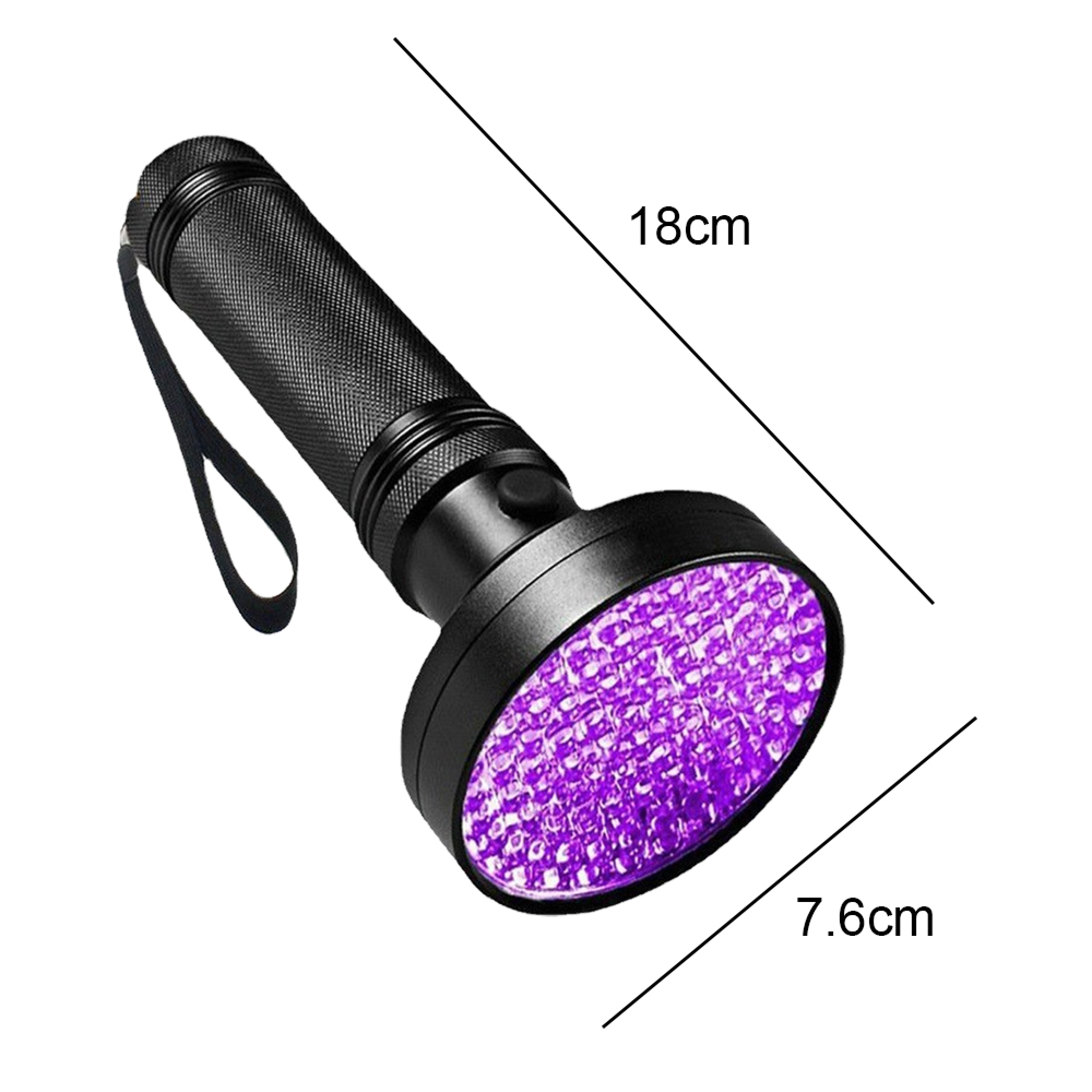 Schwarze Taschenlampe mit 18 violetten LEDs, 18cm lang, 7,6cm breit.