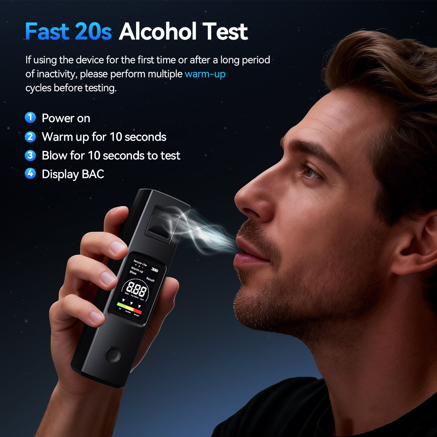 Mann bläst in Alkoholtester. Tester zeigt 8.88 an. Schnelle 20s Alkoholtest.