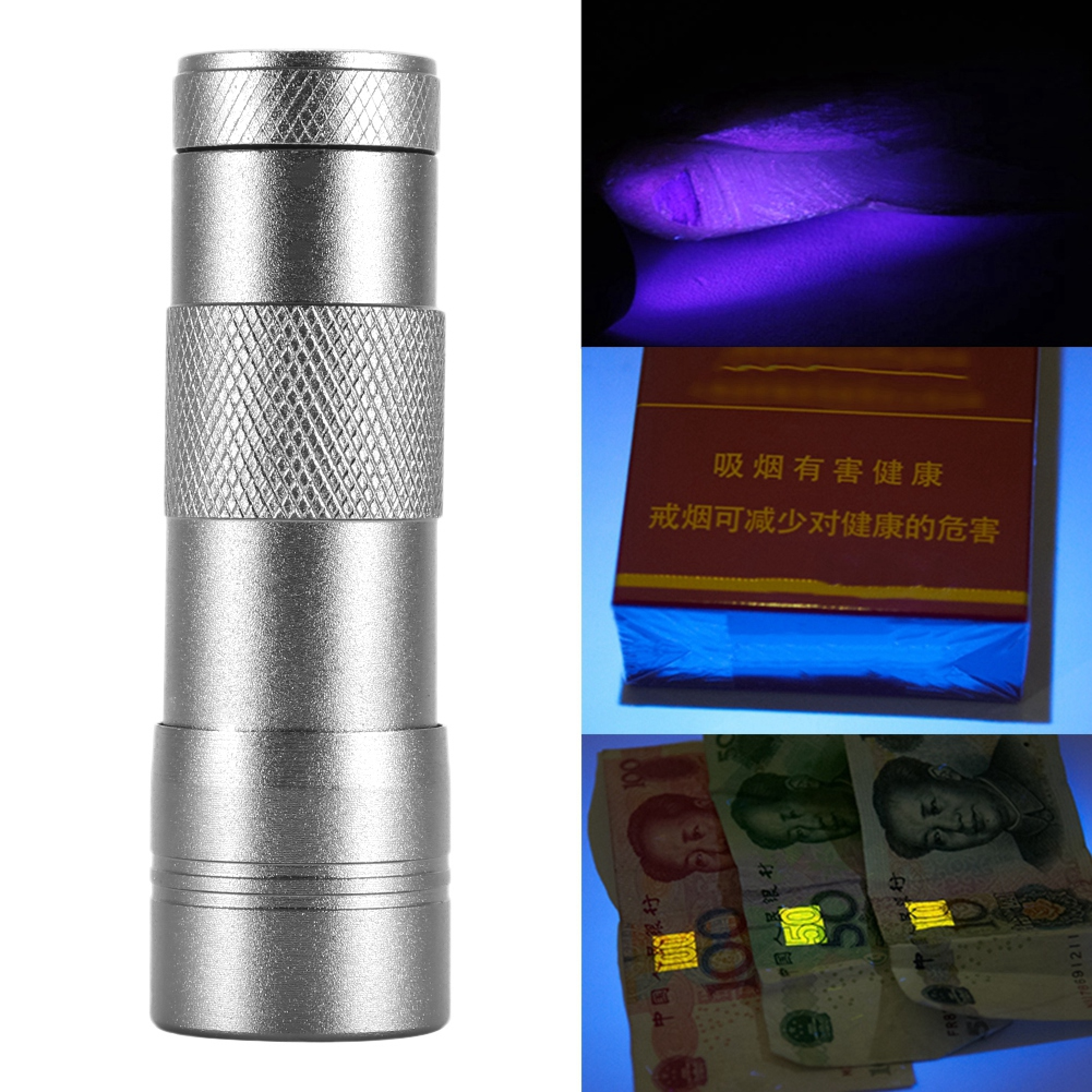 Eine silberne Taschenlampe neben Zigaretten und Geld, die unter UV-Licht leuchten.