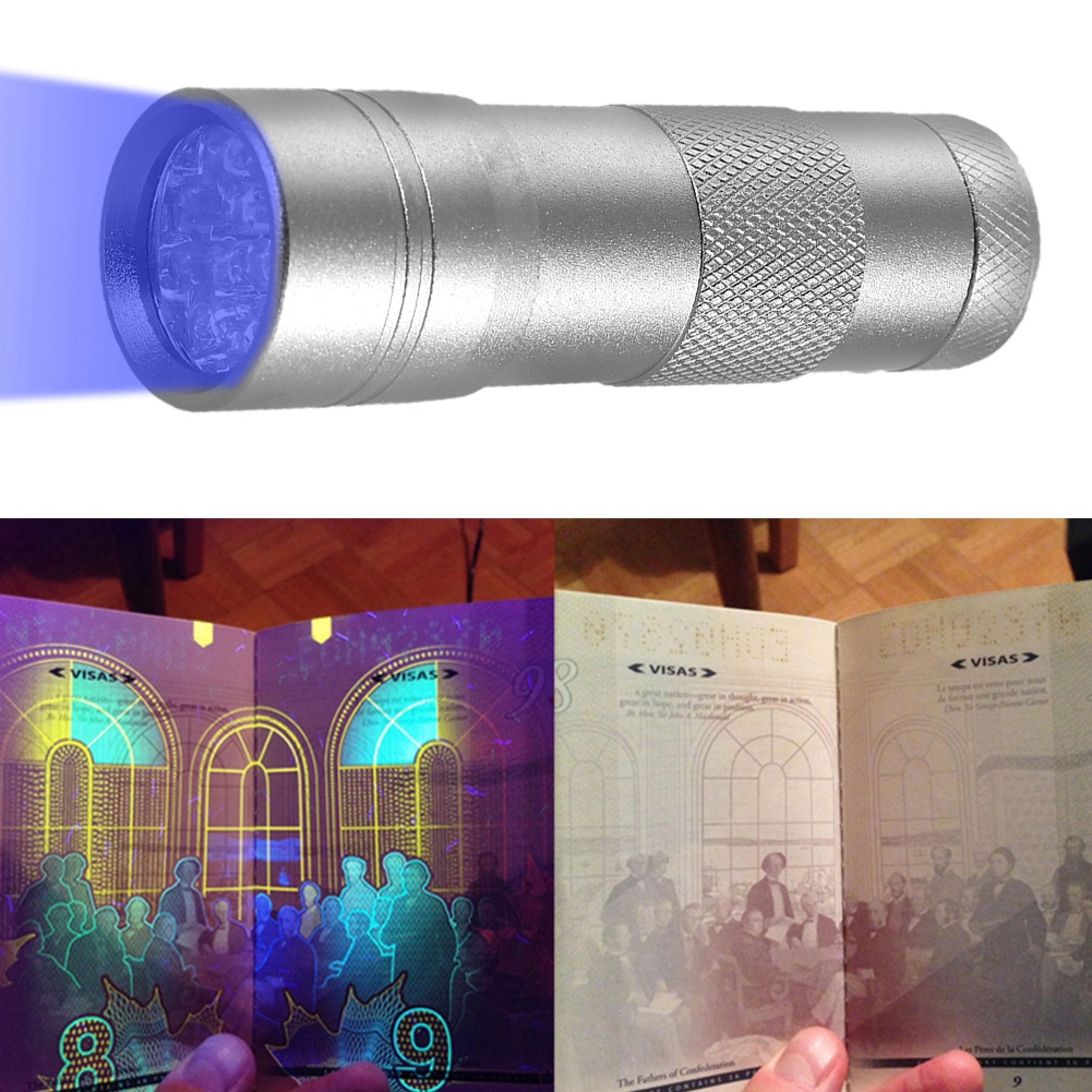 Eine UV-Taschenlampe leuchtet auf eine offene Seite eines Passes.