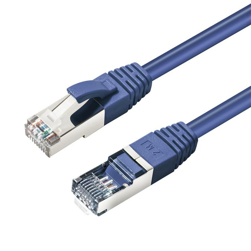 Due cavi di rete blu con connettori RJ45 su sfondo bianco.