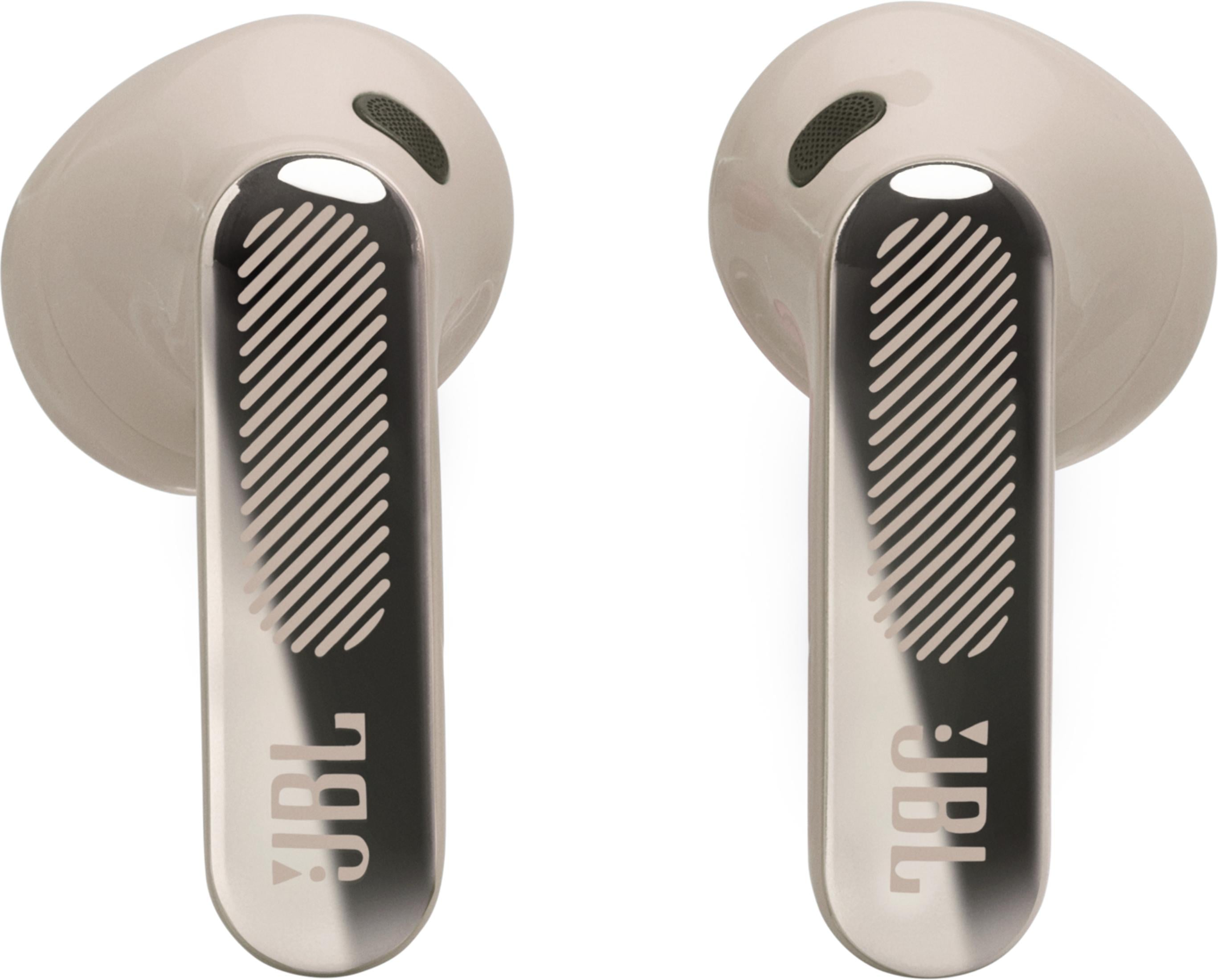 Due auricolari wireless beige con logo JBL e strisce.