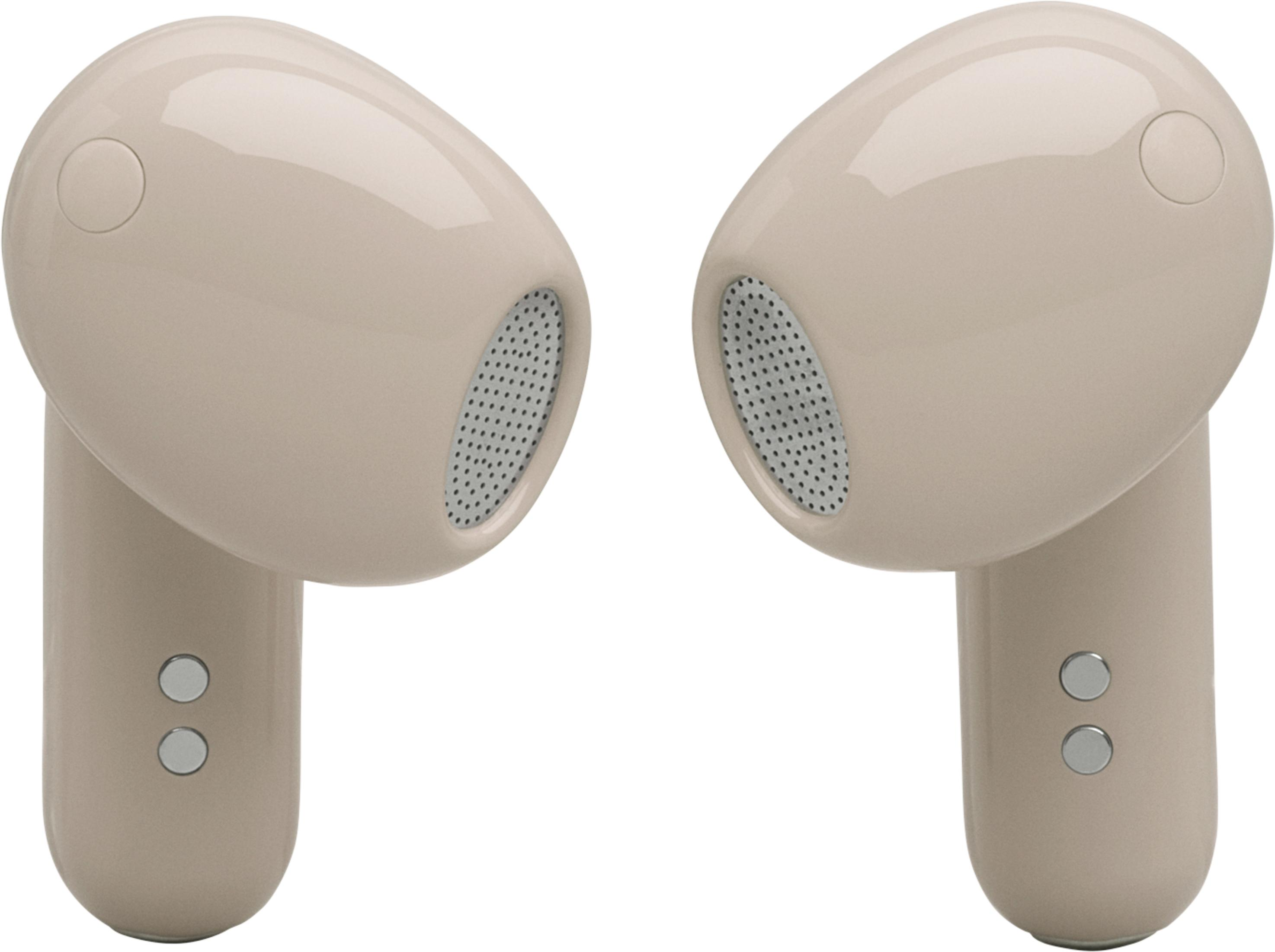 Due auricolari wireless beige affiancati, con griglie altoparlanti.