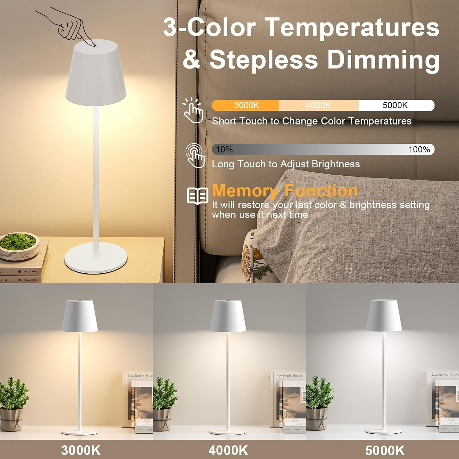 Eine weiße Lampe mit drei Farbtemperaturen und Dimmfunktion.