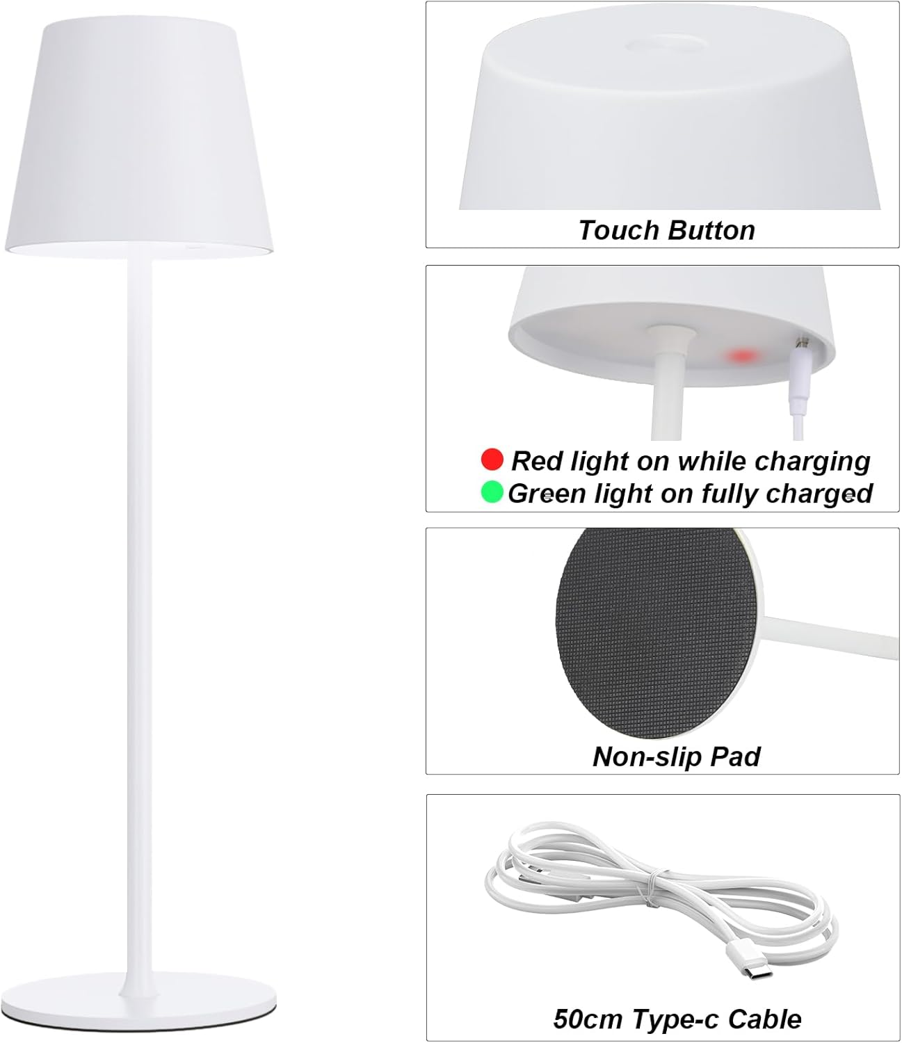 Weiße Lampe mit Touch-Taste, Ladeanzeige, rutschfester Unterlage und Type-C-Kabel.