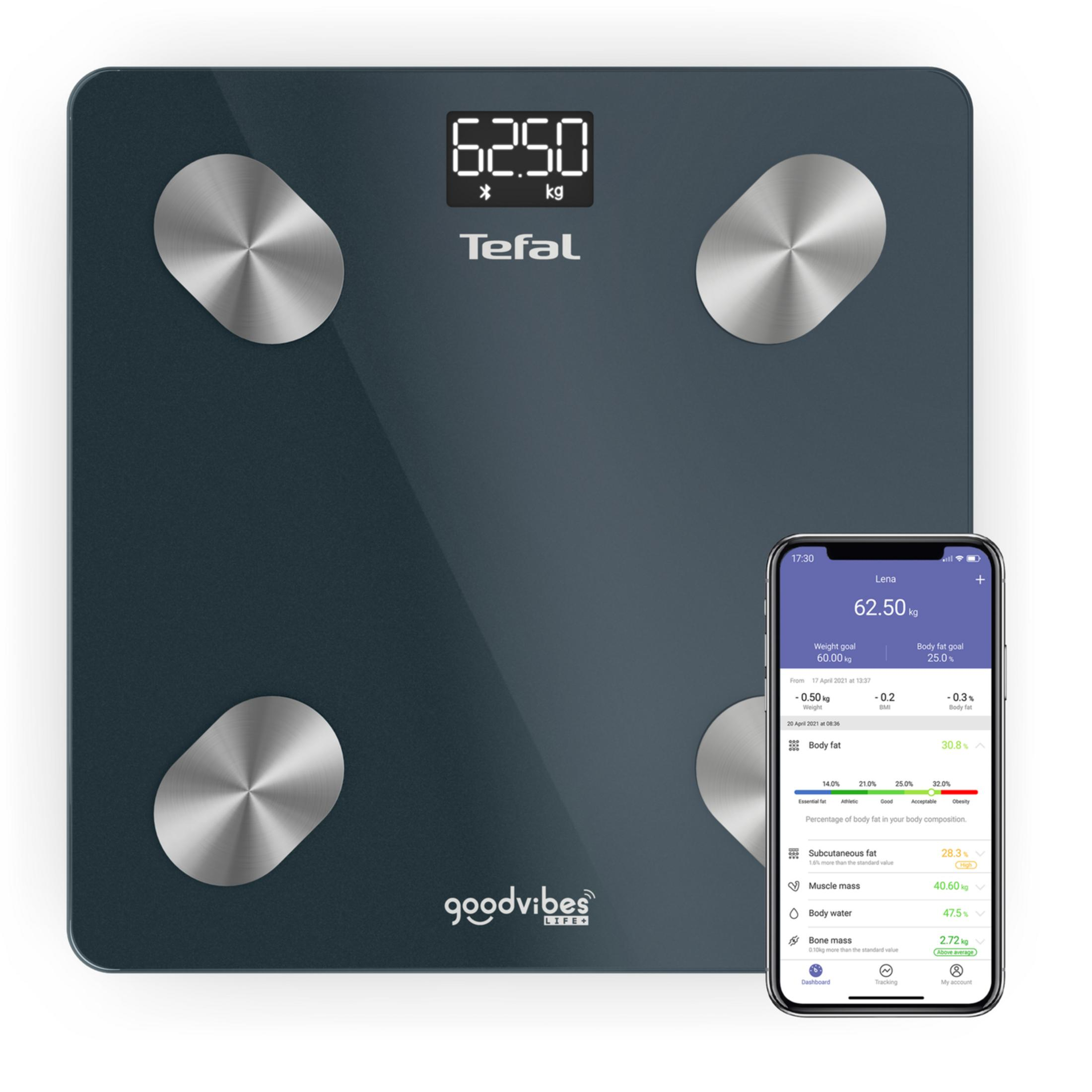 Bilancia grigio scuro con quattro elettrodi metallici e display digitale che mostra 62,50 kg.