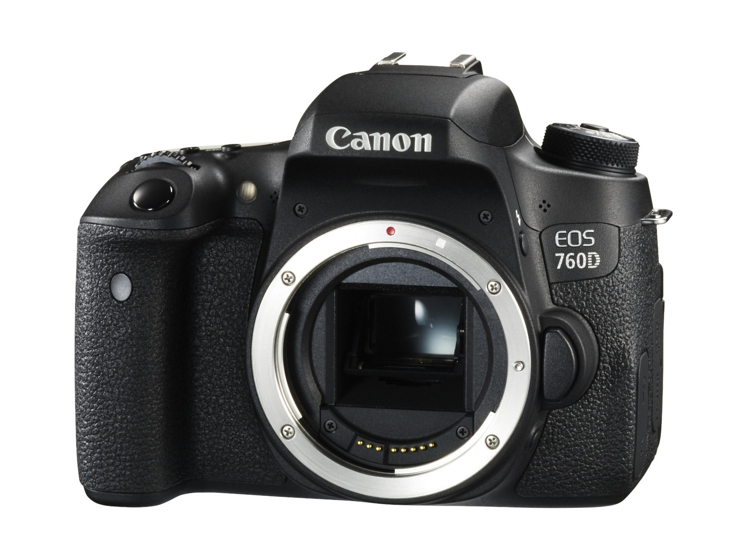 Eine schwarze Canon EOS 760D Spiegelreflexkamera mit Objektivhalterung.