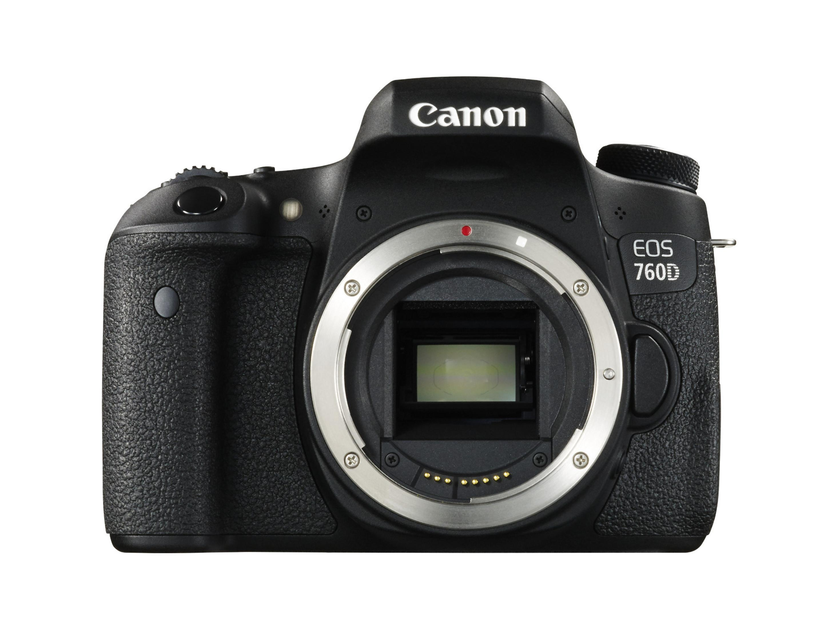Schwarze Canon EOS 760D Kamera ohne Objektiv, mit silbernem Objektivring.