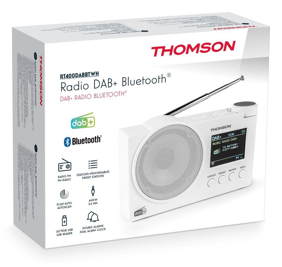 Radio Thomson DAB+ bianca con funzione Bluetooth sulla confezione.
