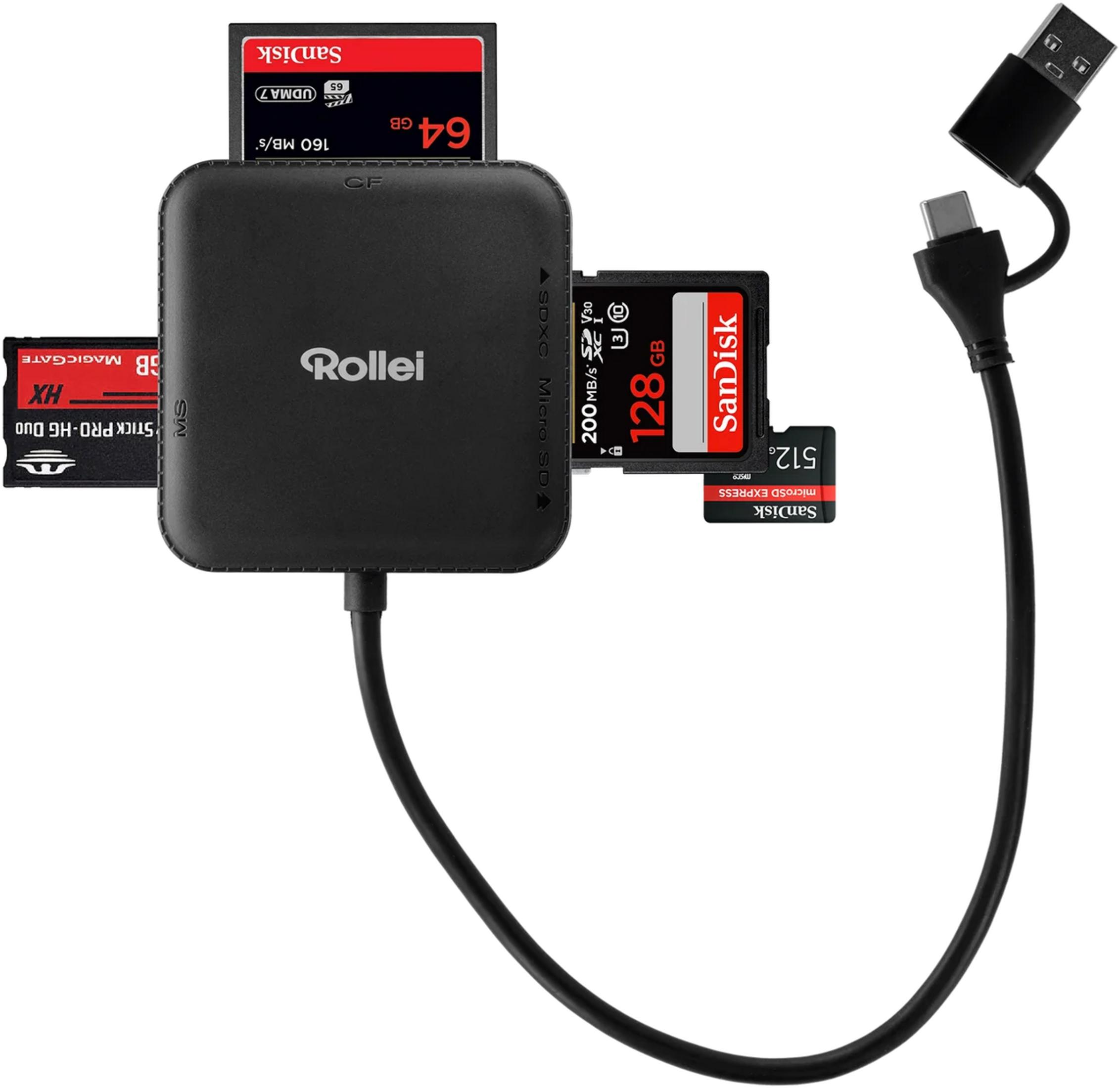 Ein schwarzer Rollei Kartenleser mit SD-, microSD-, CF- und MS-Karten sowie USB-C/USB-A-Kabel.