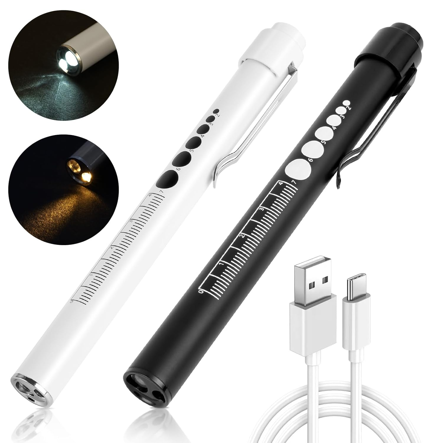 Zwei Stiftleuchten, schwarz und weiß, mit Längenmessung und USB-C-Kabel.