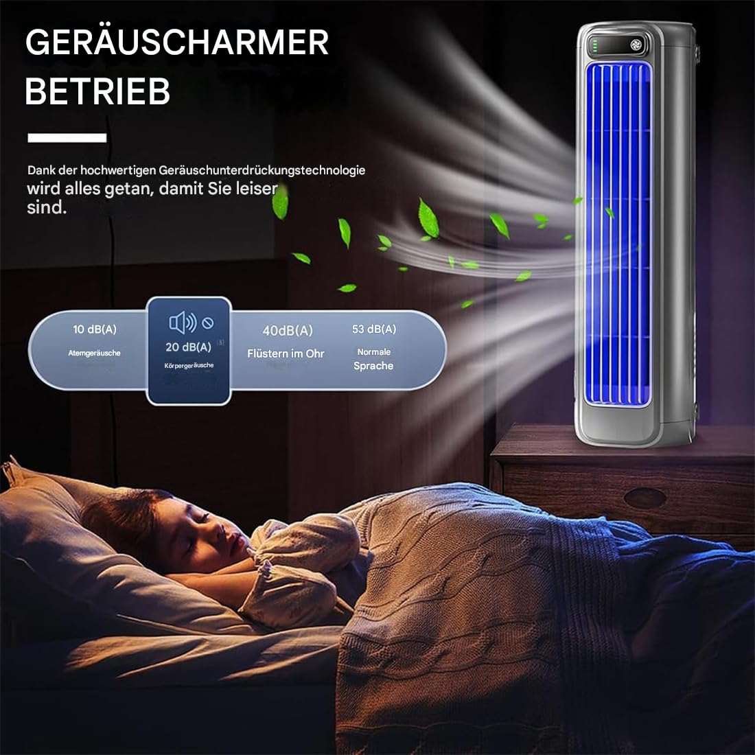 Ein Kind schläft friedlich, während ein leiser Turmventilator Geräusche von 10-53 dB erzeugt.