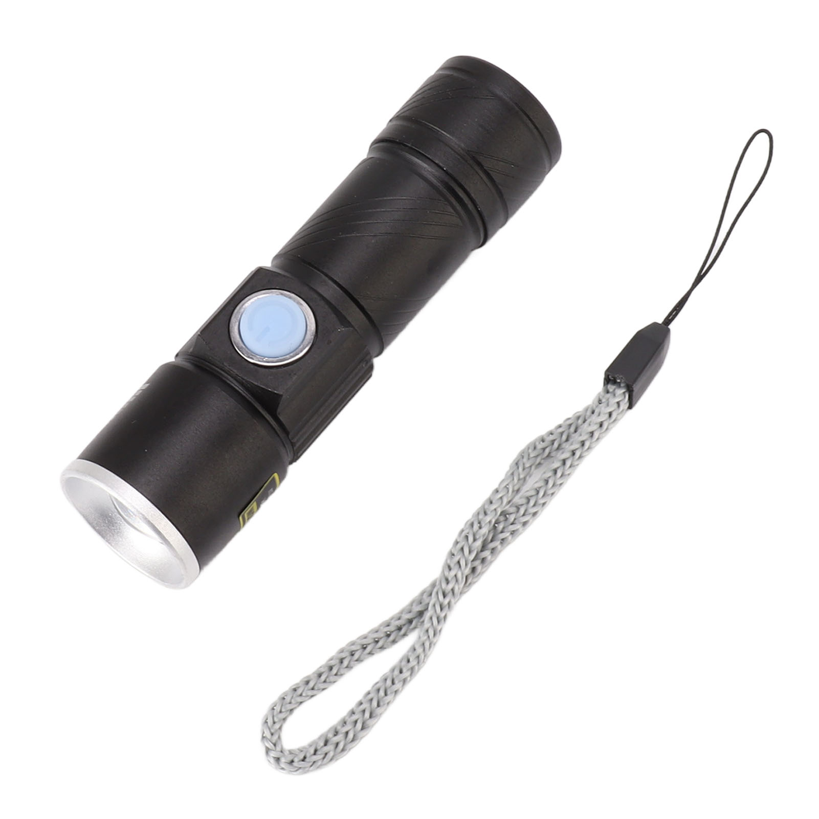 Eine schwarze Taschenlampe mit einem blauen Knopf und einer grauen Handschlaufe.