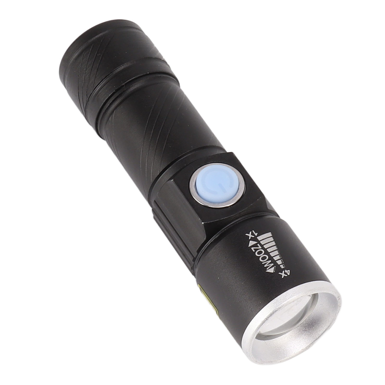 Schwarze Taschenlampe mit blauem Knopf und Zoom-Anzeige.