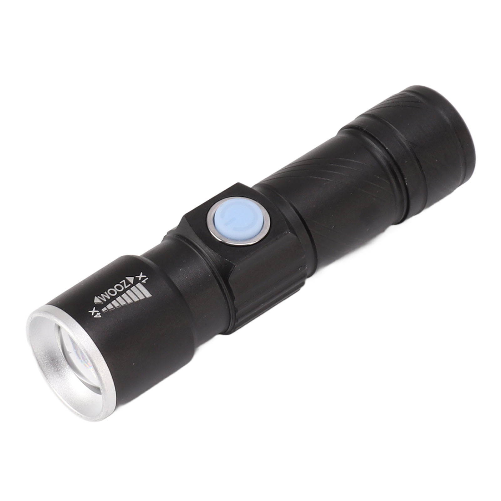 Schwarze Taschenlampe mit silbernem Kopf und blauem Knopf, Zoom-Anzeige.