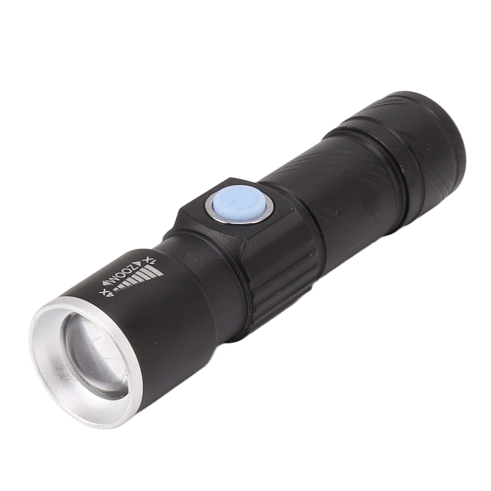 Schwarze Taschenlampe mit blauem Knopf und Zoom-Symbol.