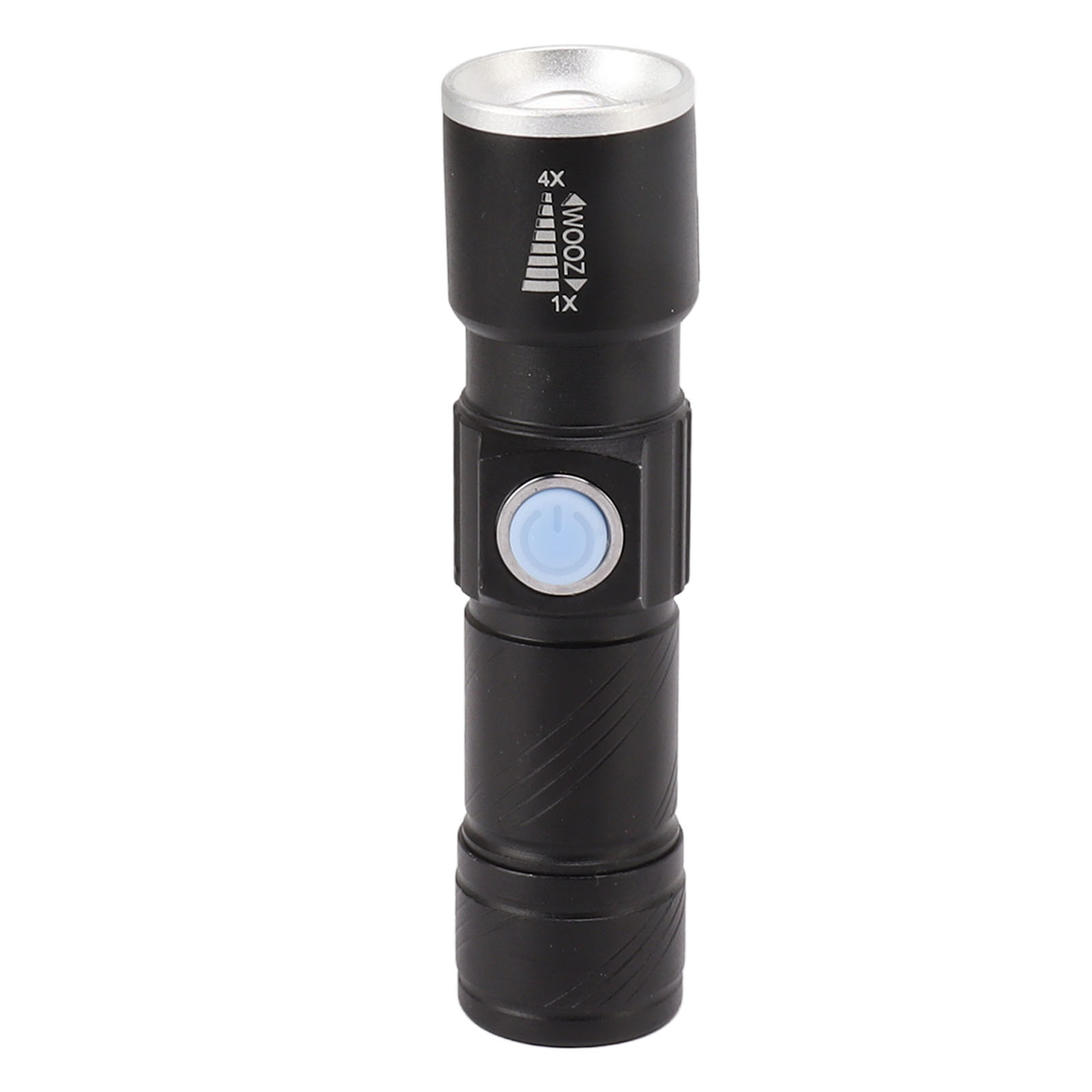 Schwarze Taschenlampe mit silbernem Kopf und blauer Einschalttaste.