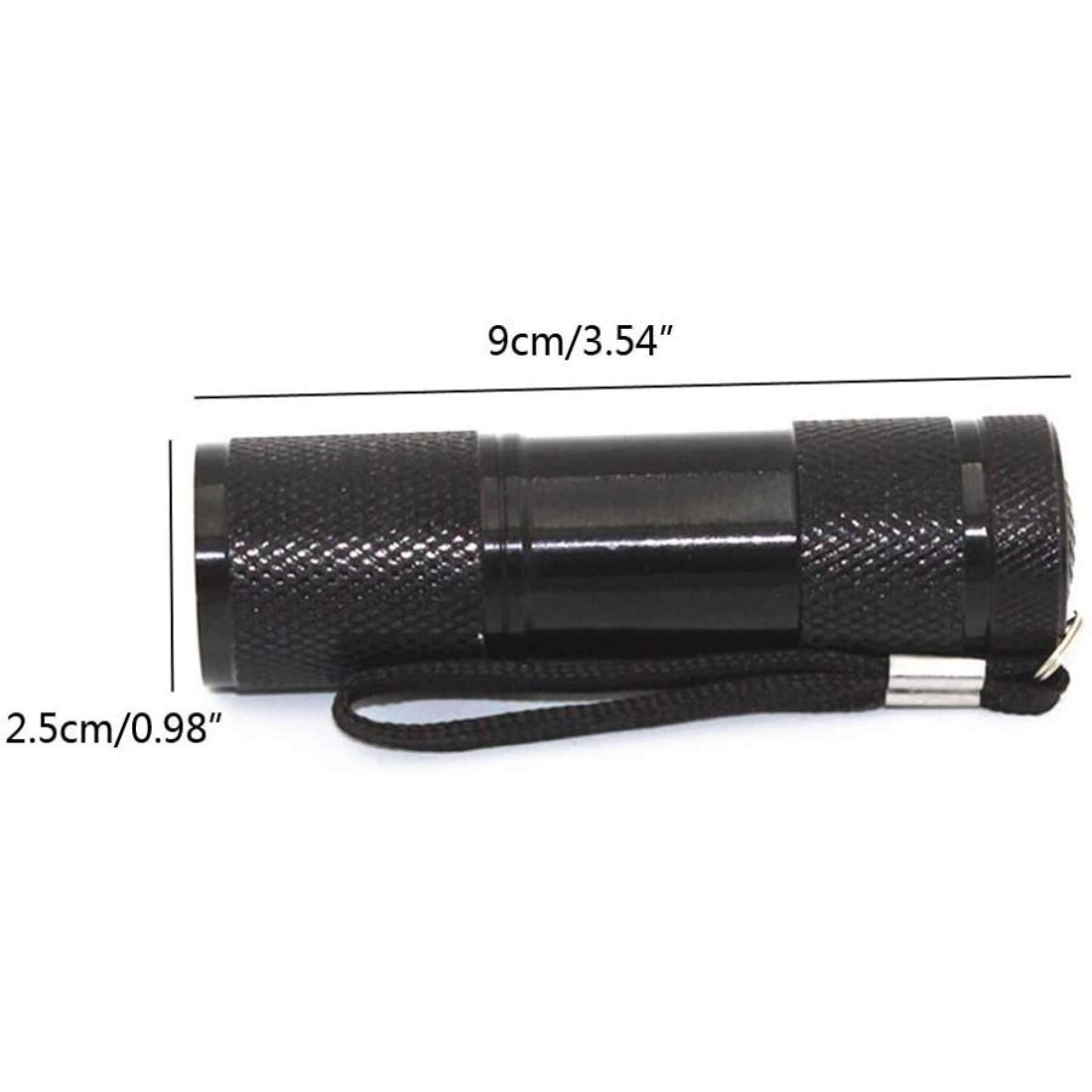 Schwarze Taschenlampe mit Lanyard, 9cm lang, 2,5cm Durchmesser.