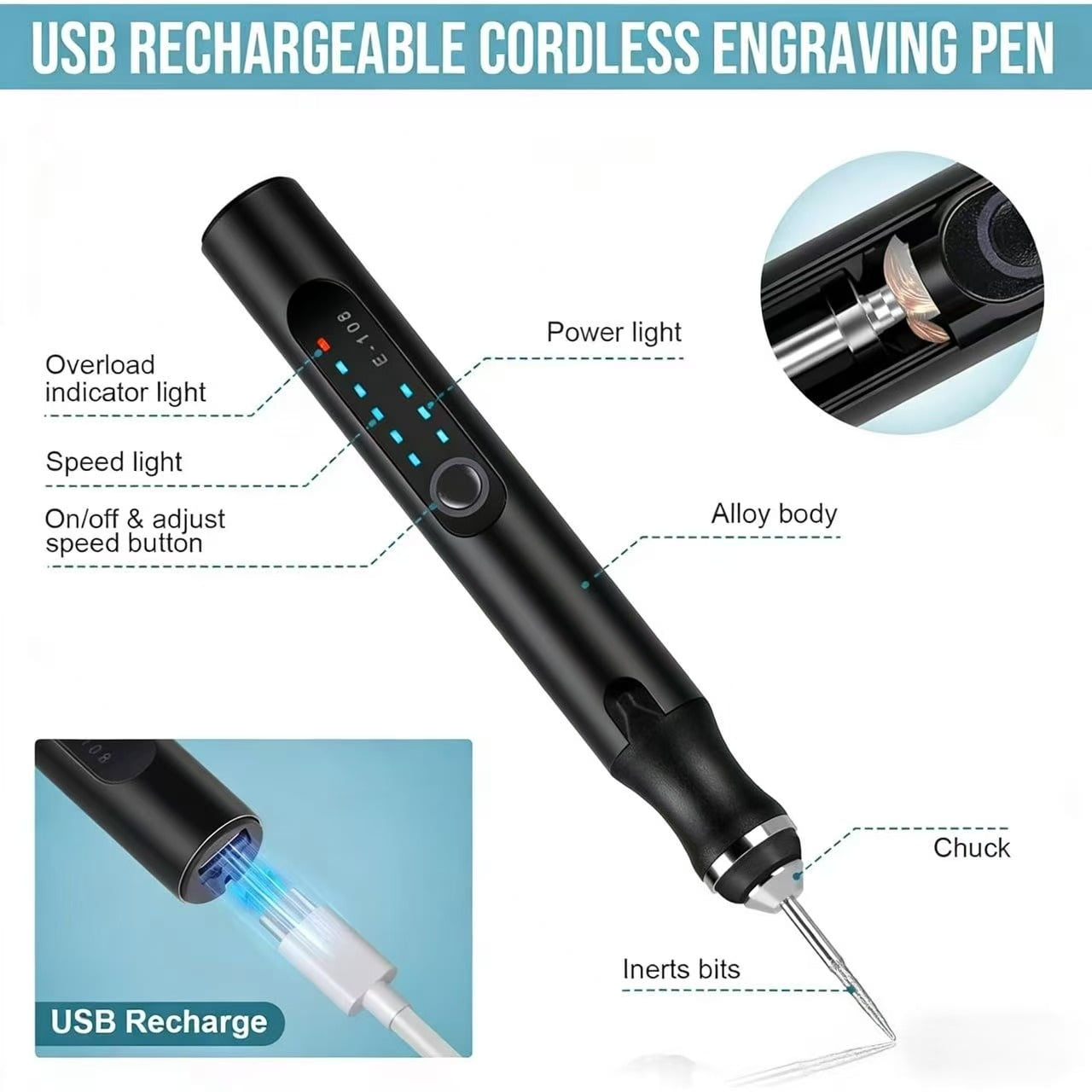 Schwarzer kabelloser Gravurstift mit USB-Aufladung, Power-Licht, Geschwindigkeitslichtern.