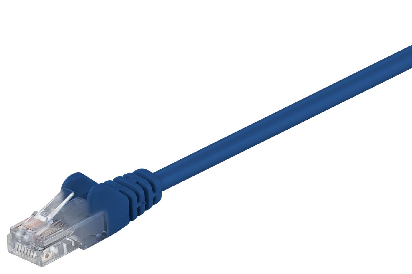 Ein blauer Ethernet-Patchkabel mit RJ45-Stecker.