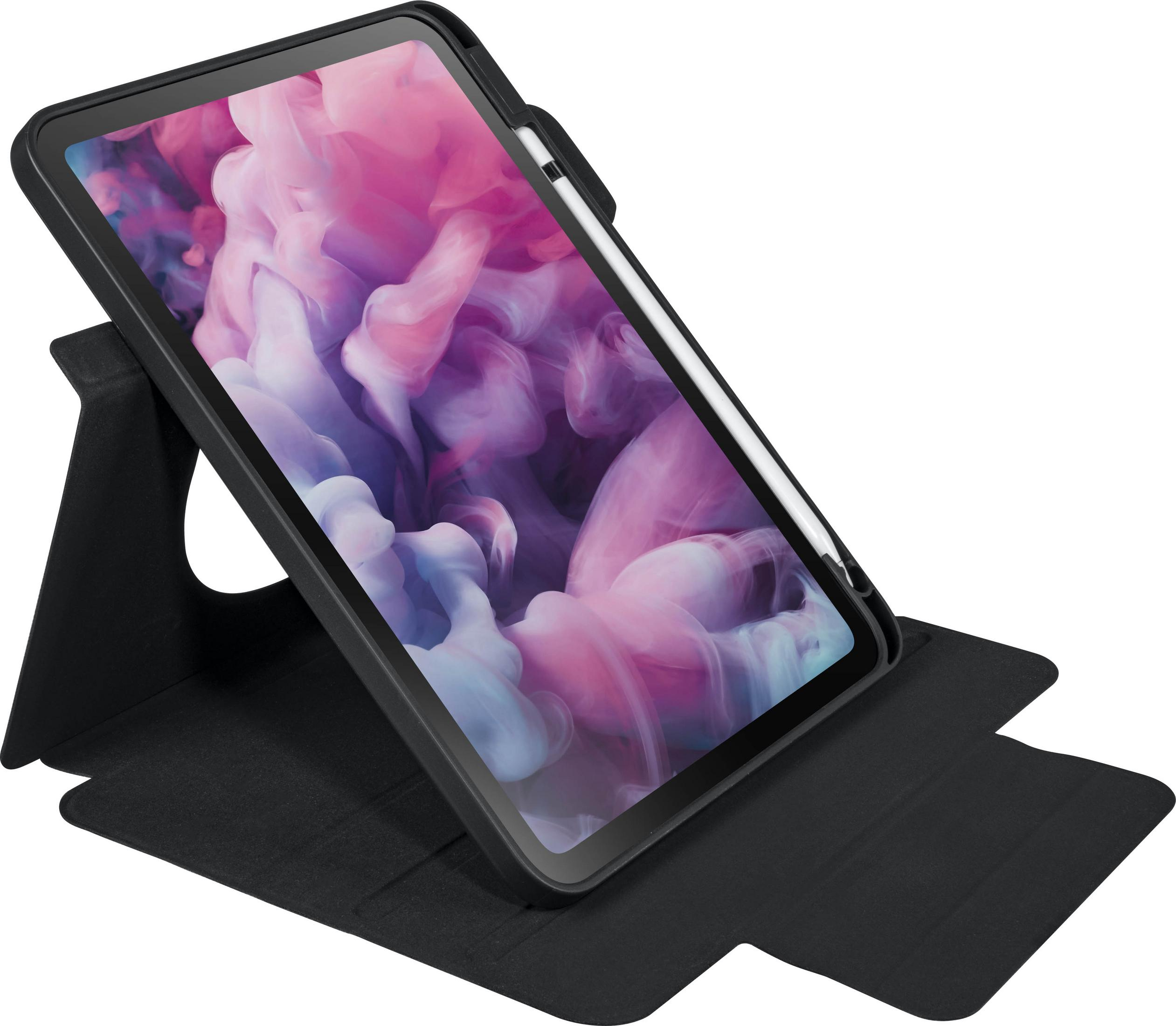 Ein schwarzes Tablet in einer schwarzen Hülle, mit Stift.