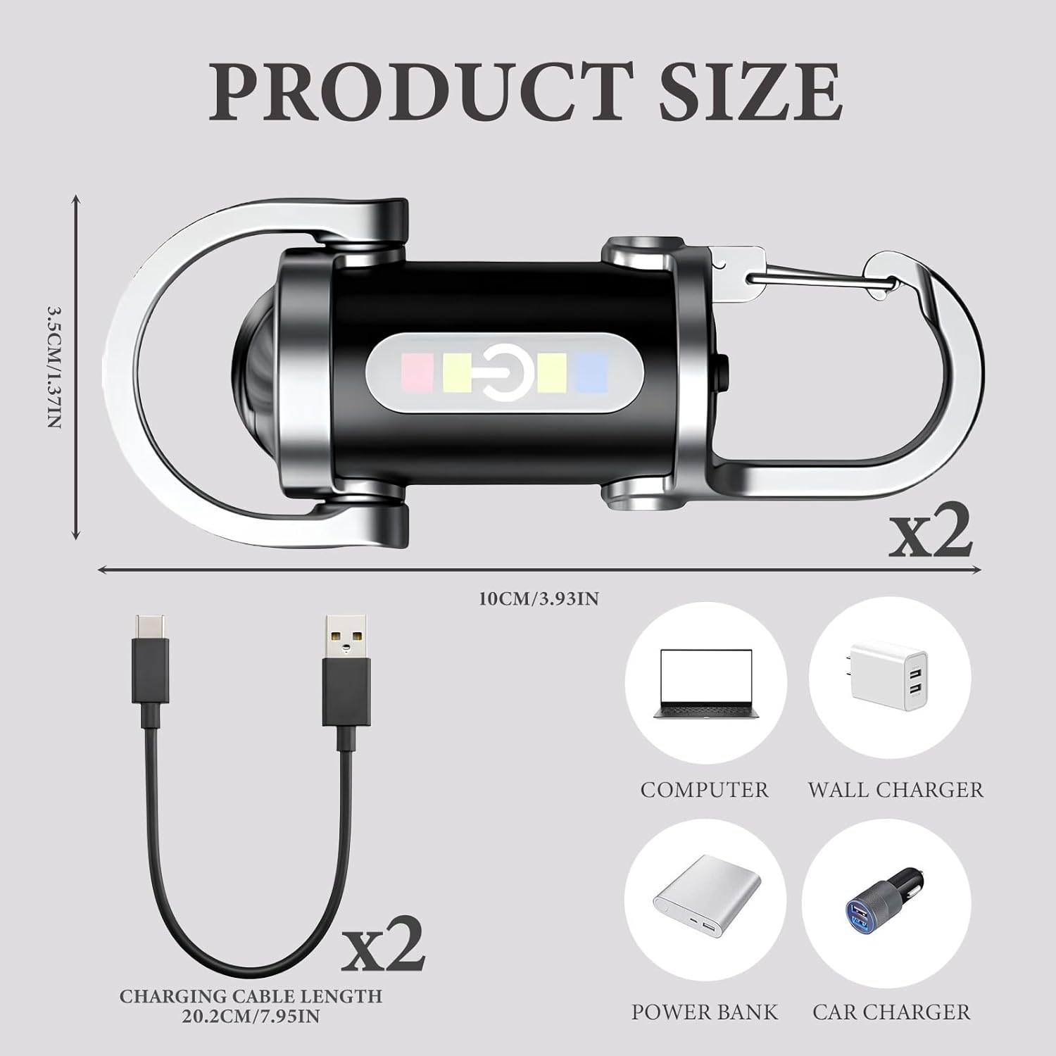 Produktgrößen-Grafik: schwarzes Ladegerät, Ladekabel, Computer, Wandladegerät, Powerbank, Autoladegerät.