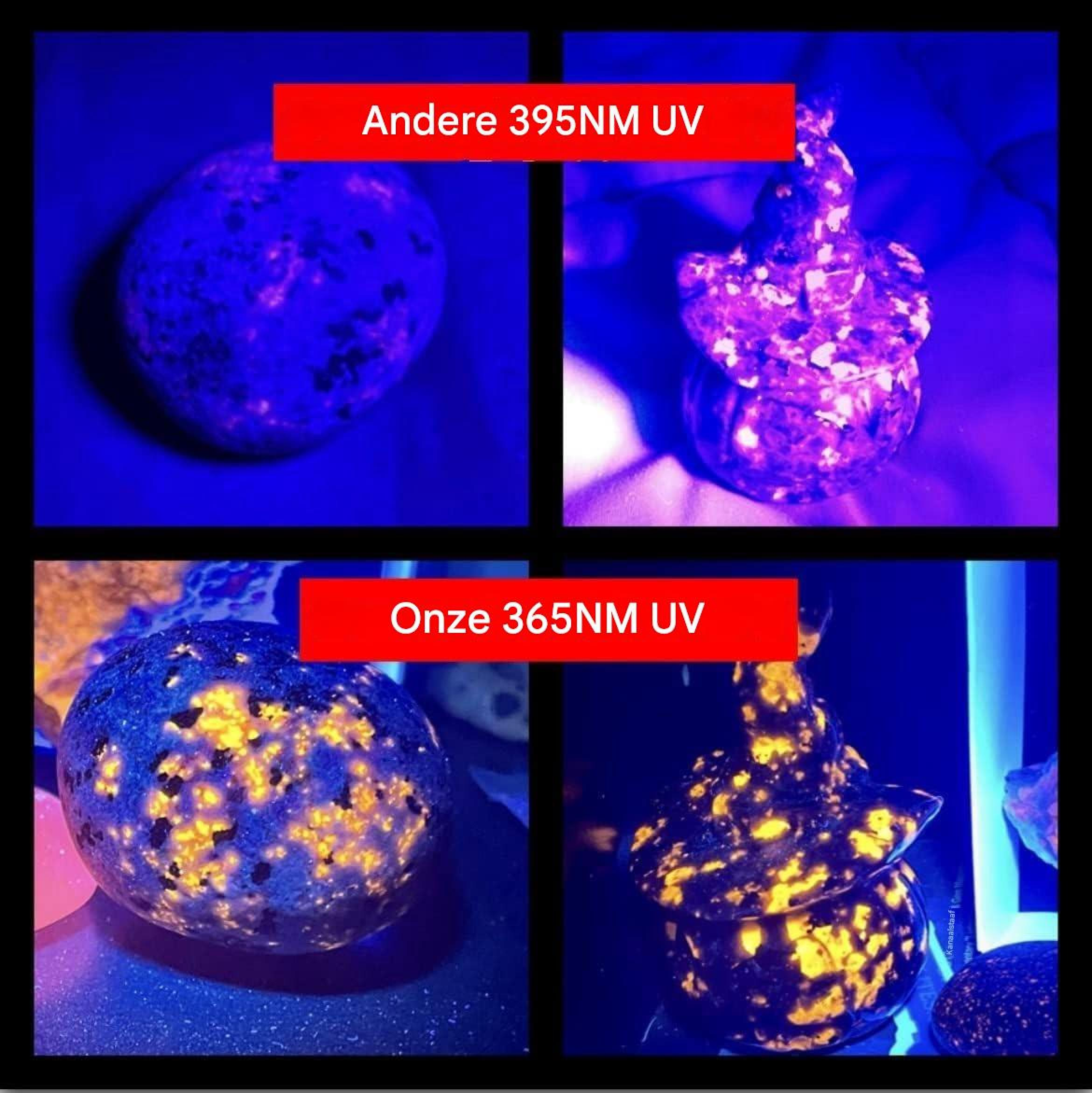 Vier Ansichten von Mineralien unter UV-Licht. Oben: unter 395nm UV. Unten: unter 365nm UV.