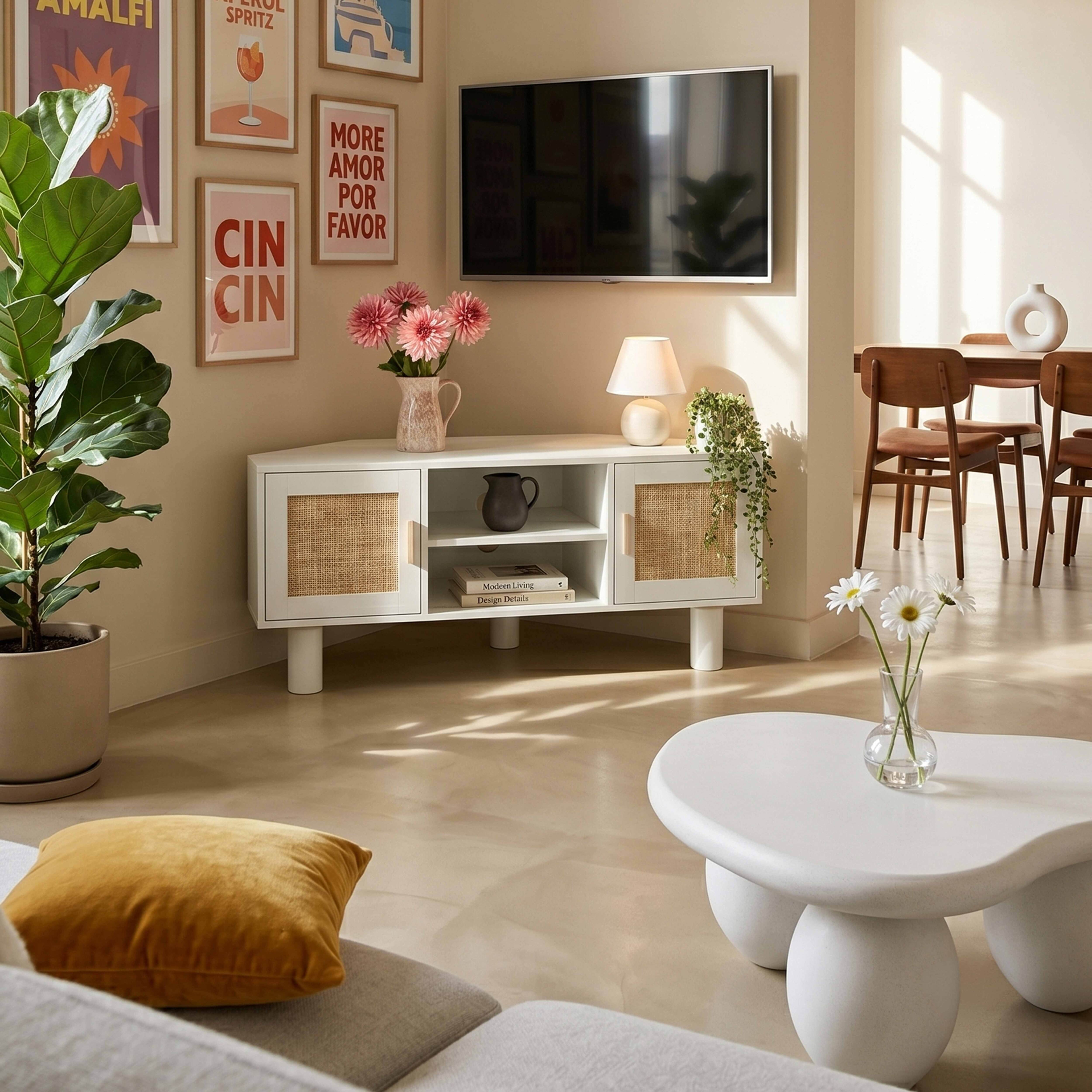 Ein gemütliches Wohnzimmer mit gerahmter Kunst, TV, Pflanzen und einem weißen Couchtisch.
