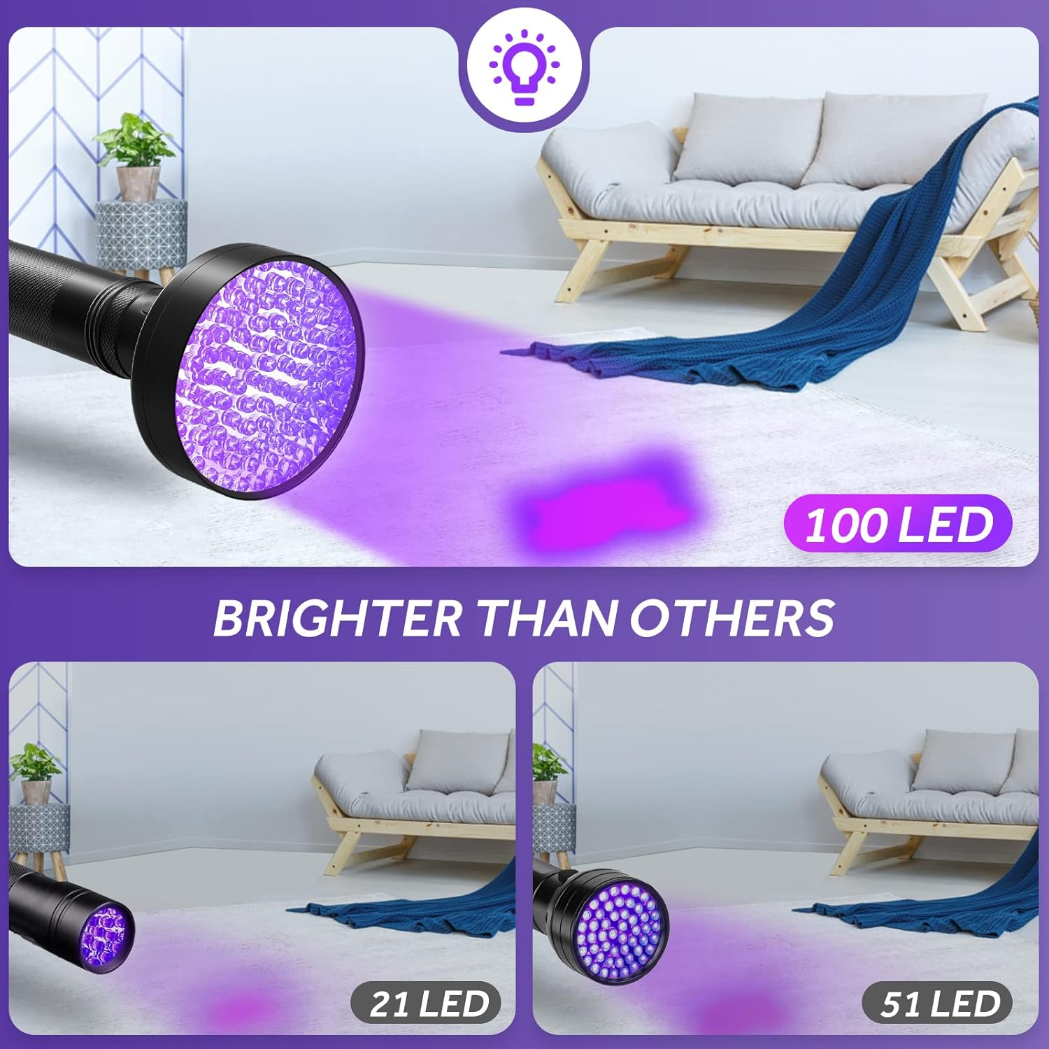 Schwarzlicht-Taschenlampe mit 100 LEDs beleuchtet Teppich, daneben Modelle mit 21 und 51 LEDs.