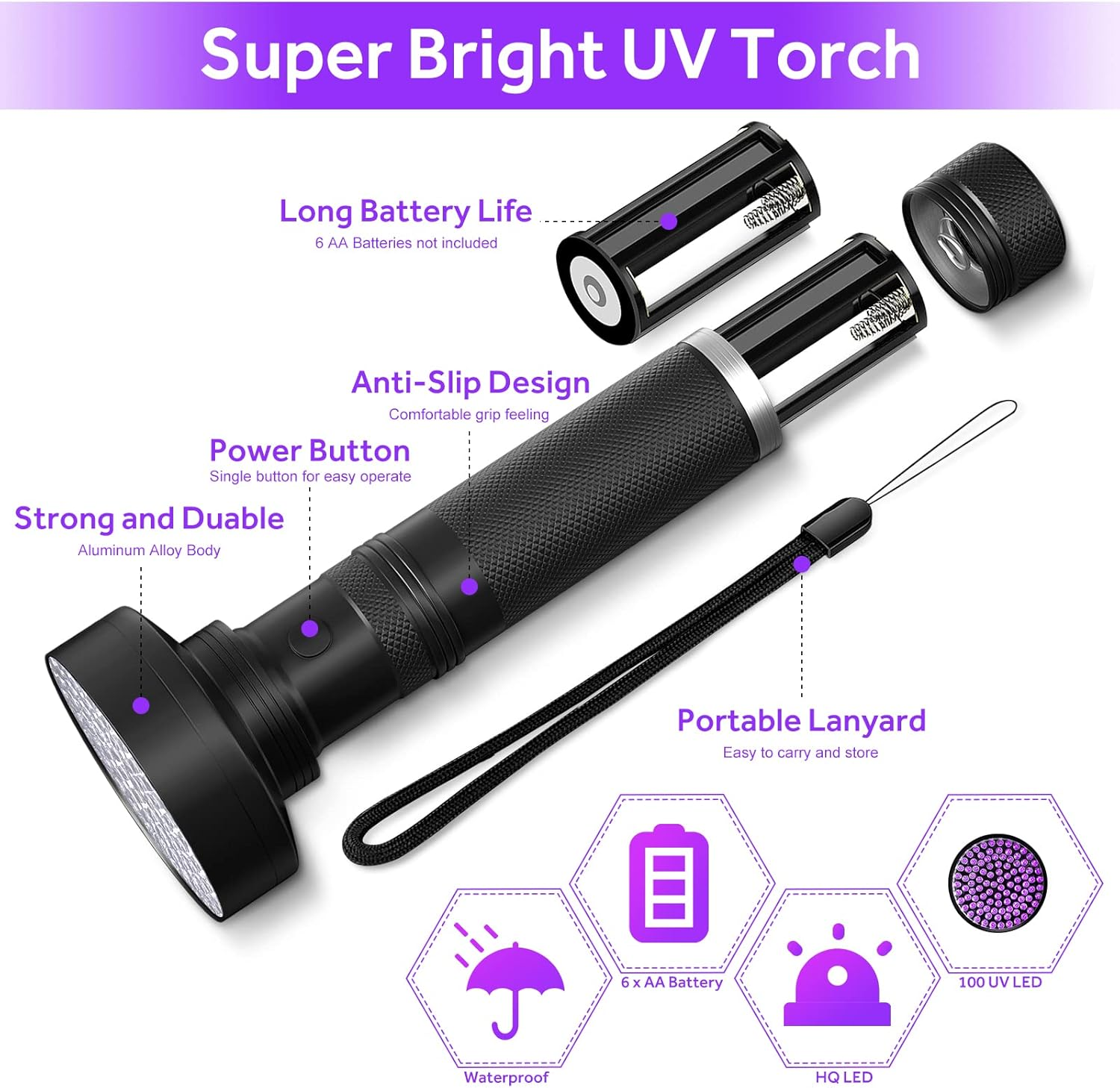 Eine schwarze UV-Taschenlampe mit Merkmalen wie langer Akkulaufzeit, rutschfestem Design und tragbarer Handschlaufe.