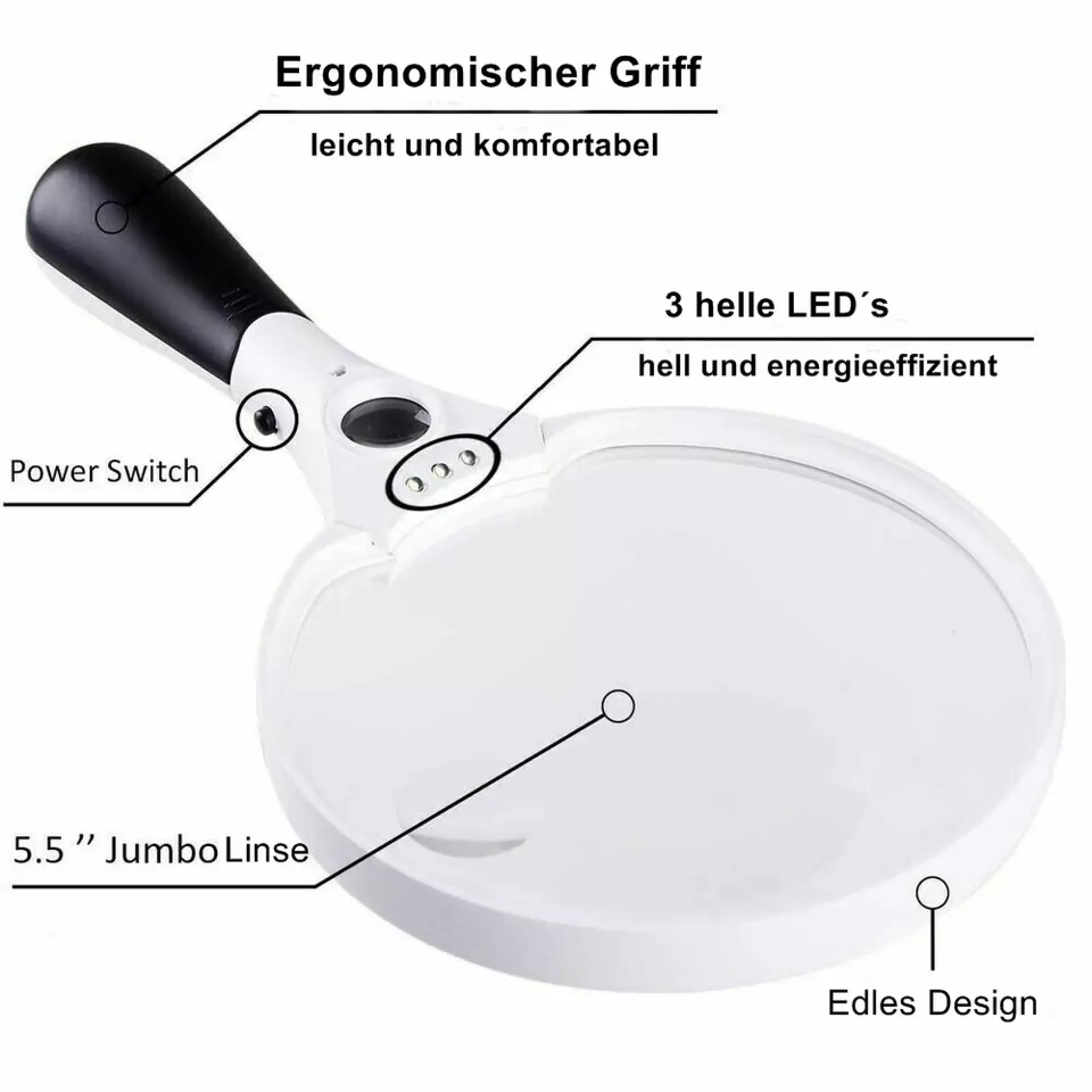 Lupe mit schwarzem Griff, 5,5-Zoll-Linse und 3 LEDs.