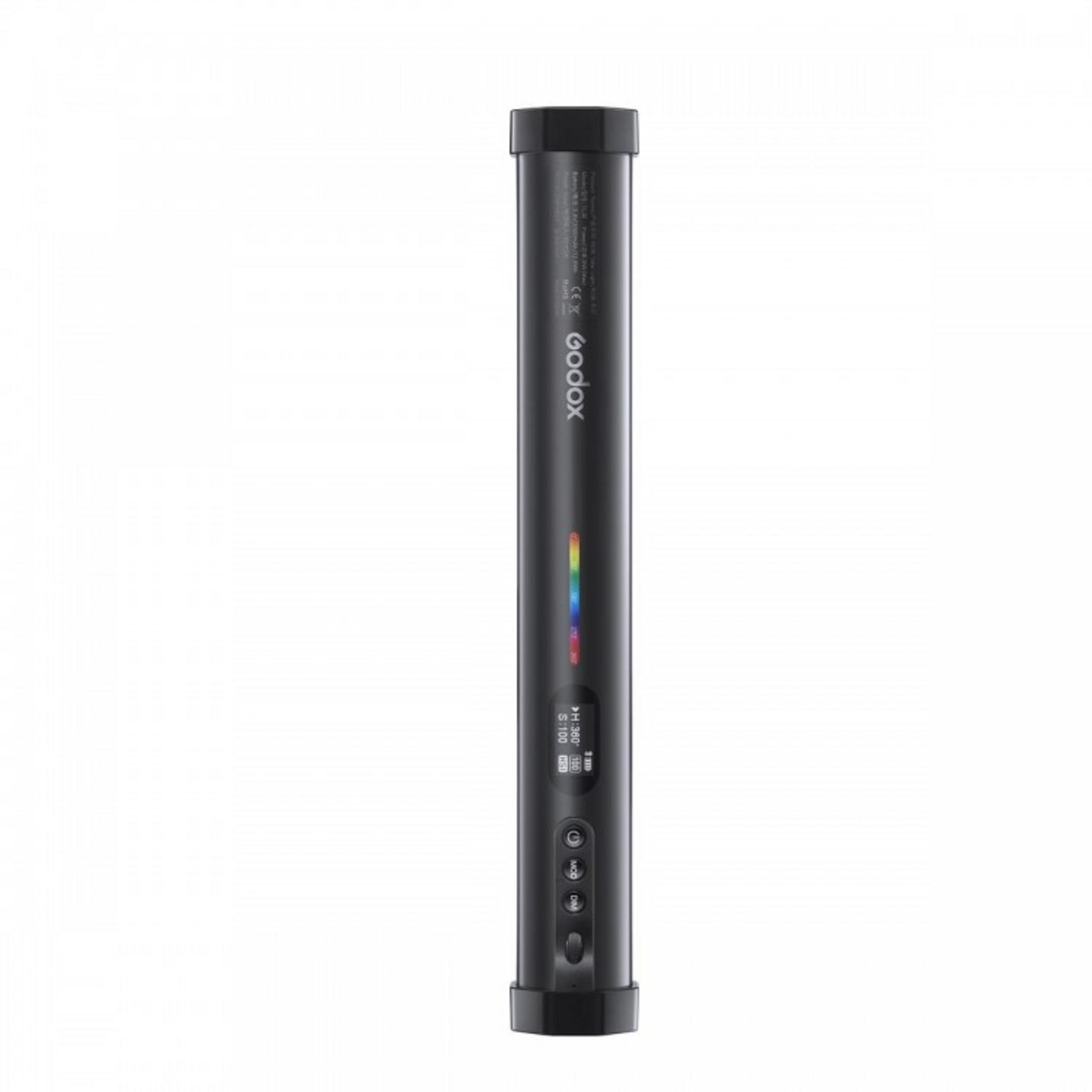 Schwarzer, zylindrischer LED-Lichtstab mit Regenbogen-Farbdisplay und Bedienelementen.