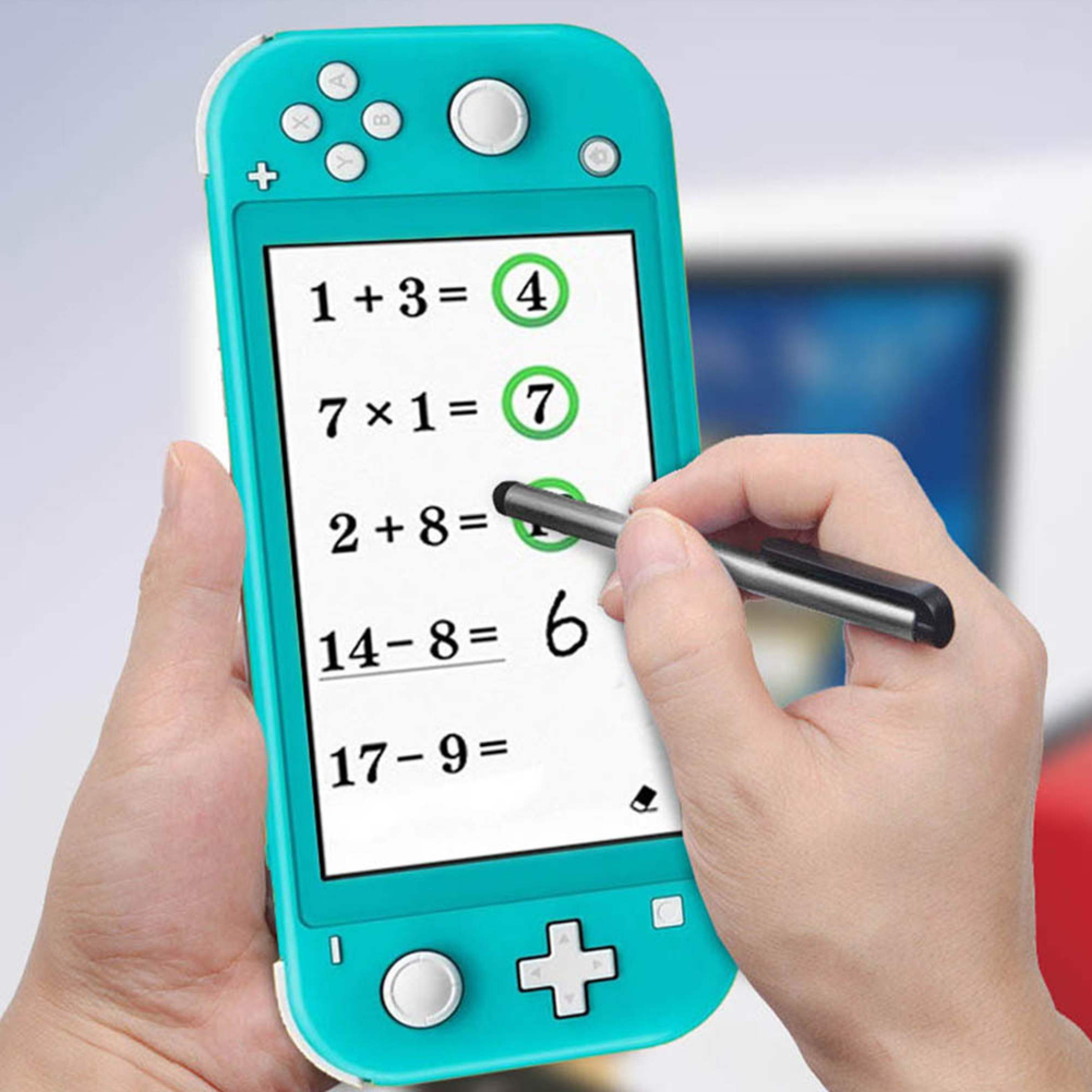 Eine Person benutzt einen türkisfarbenen Handheld-Spielgerät, um Mathematikaufgaben zu lösen.