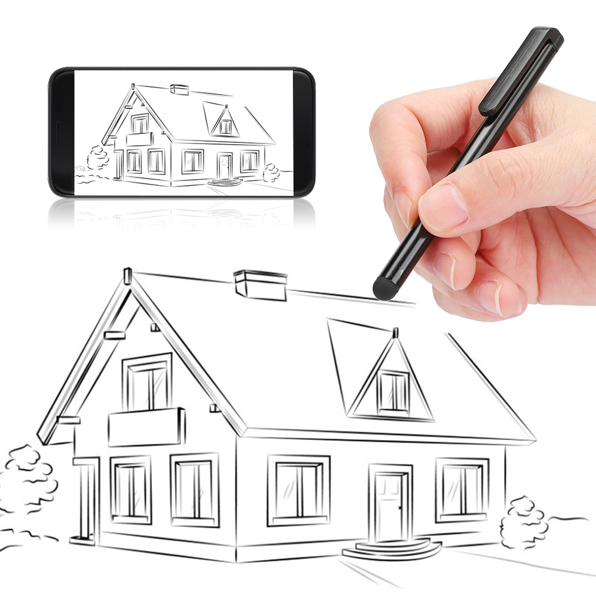 Eine Hand hält einen Stift über einer Skizze eines Hauses auf einem Smartphone.