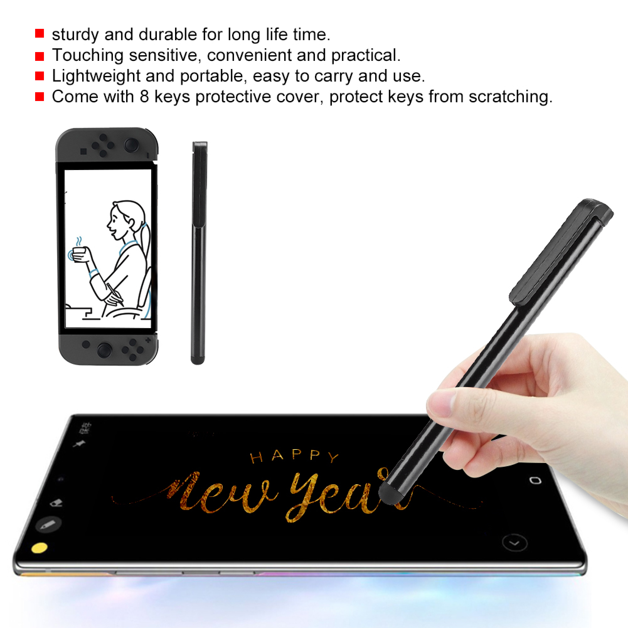 Ein schwarzer Eingabestift wird auf einem Tablet verwendet, das „Happy New Year“ anzeigt.