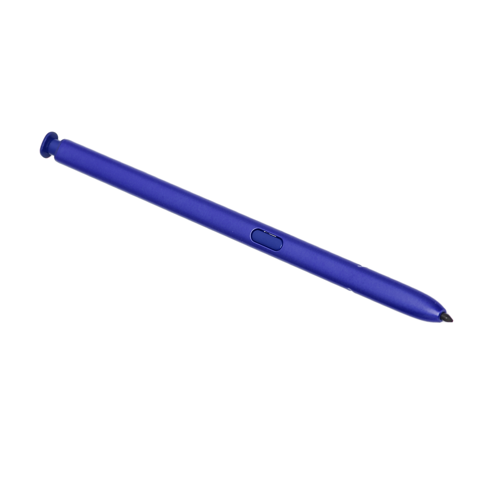 Ein blauer Stift mit einem Knopf, auf weißem Hintergrund.