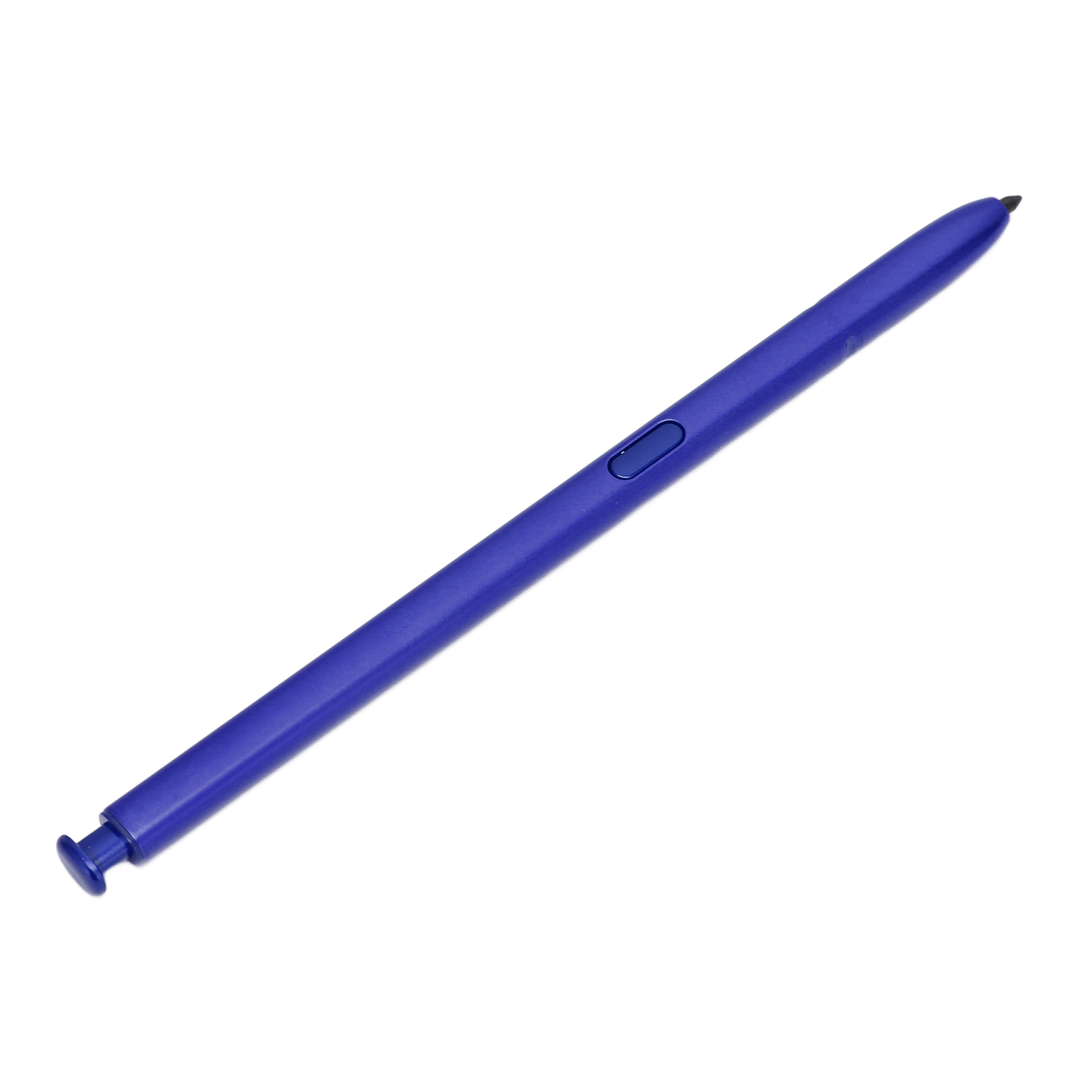 Ein blauer Stylus-Stift mit einem Knopf liegt diagonal auf weißem Hintergrund.