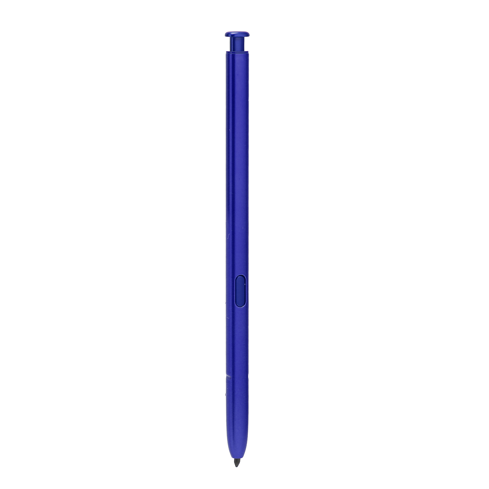 Ein blauer Stift mit silbernen Akzenten und einem Knopf.