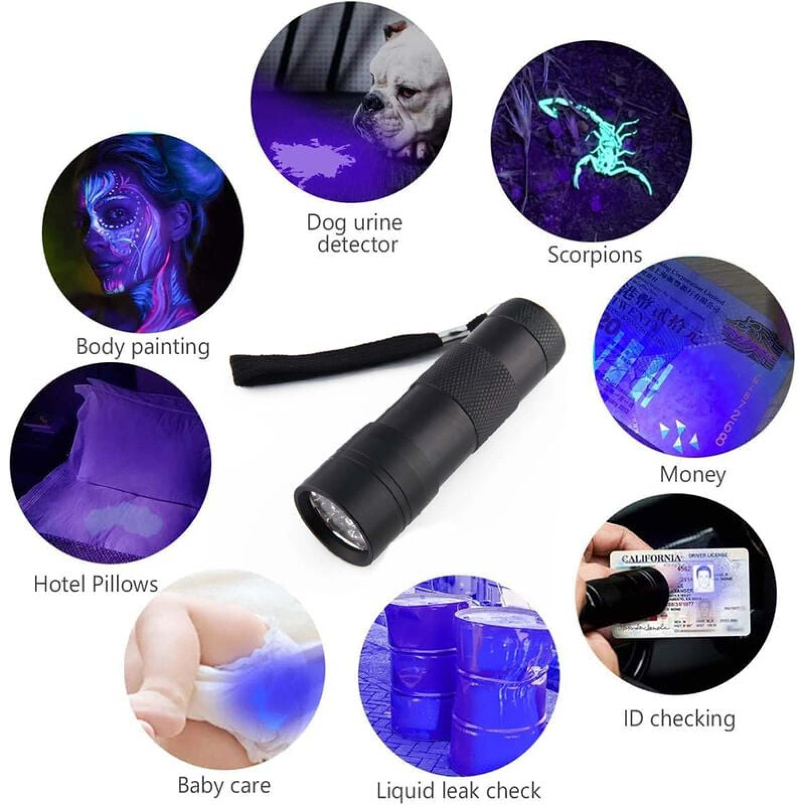 UV-Taschenlampe zeigt Körperbemalung, Hundeurin, Skorpione, Geld, Hotelkissen, Babypflege, Fässer und Ausweise.