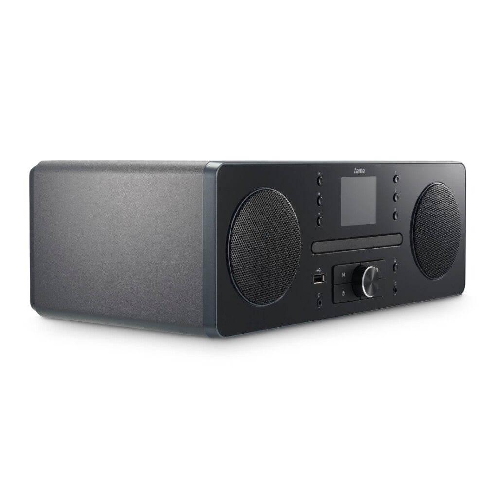 Czarny system hi-fi z odtwarzaczem CD, głośnikami i ekranem.