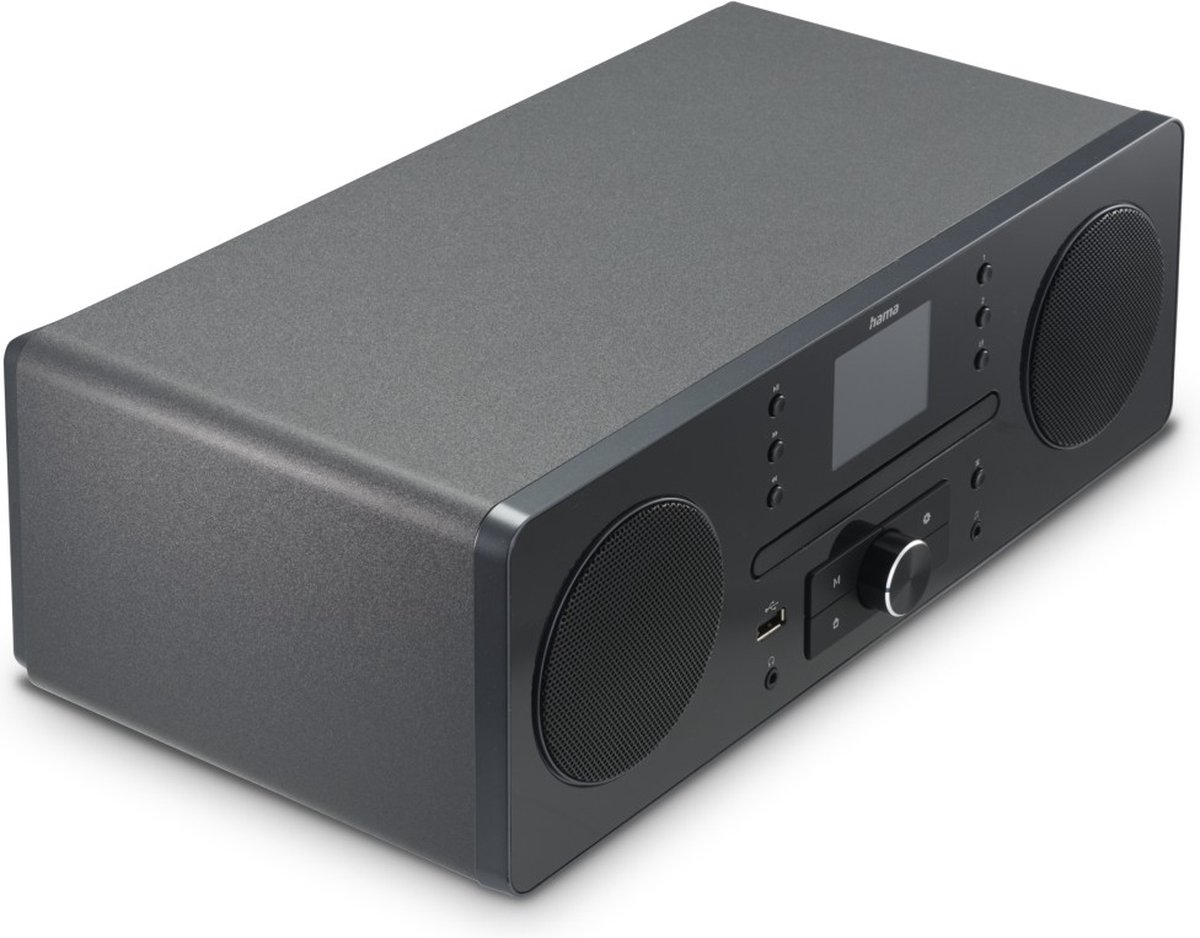 Ciemny, prostokątny głośnik hi-fi z srebrnym pokrętłem i ekranem.