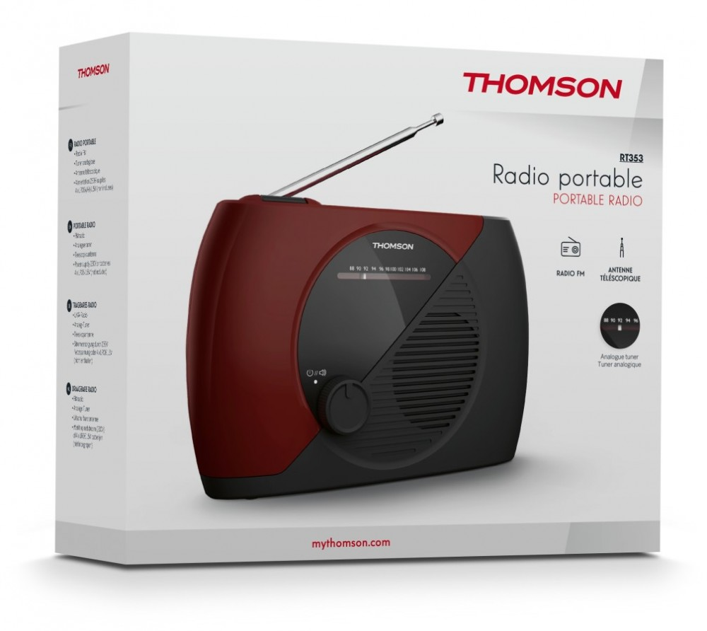 Czerwone i czarne przenośne radio Thomson z anteną i grillem głośnika.