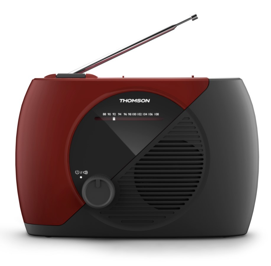 Czerwono-czarne radio Thomson z wysuniętą anteną i pokrętłem głośności.