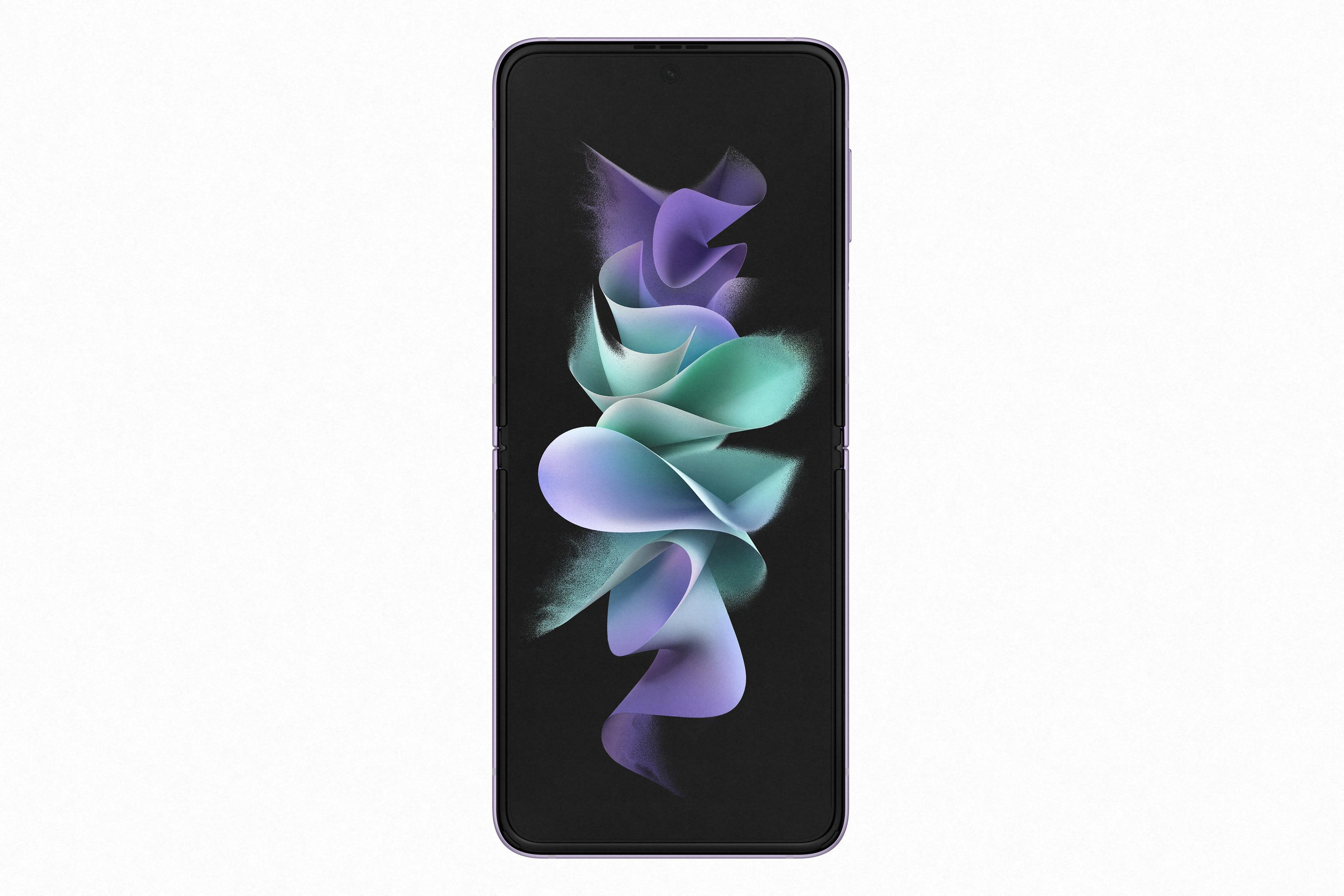 Smartphone pieghevole viola con sfondo astratto viola e verde acqua.